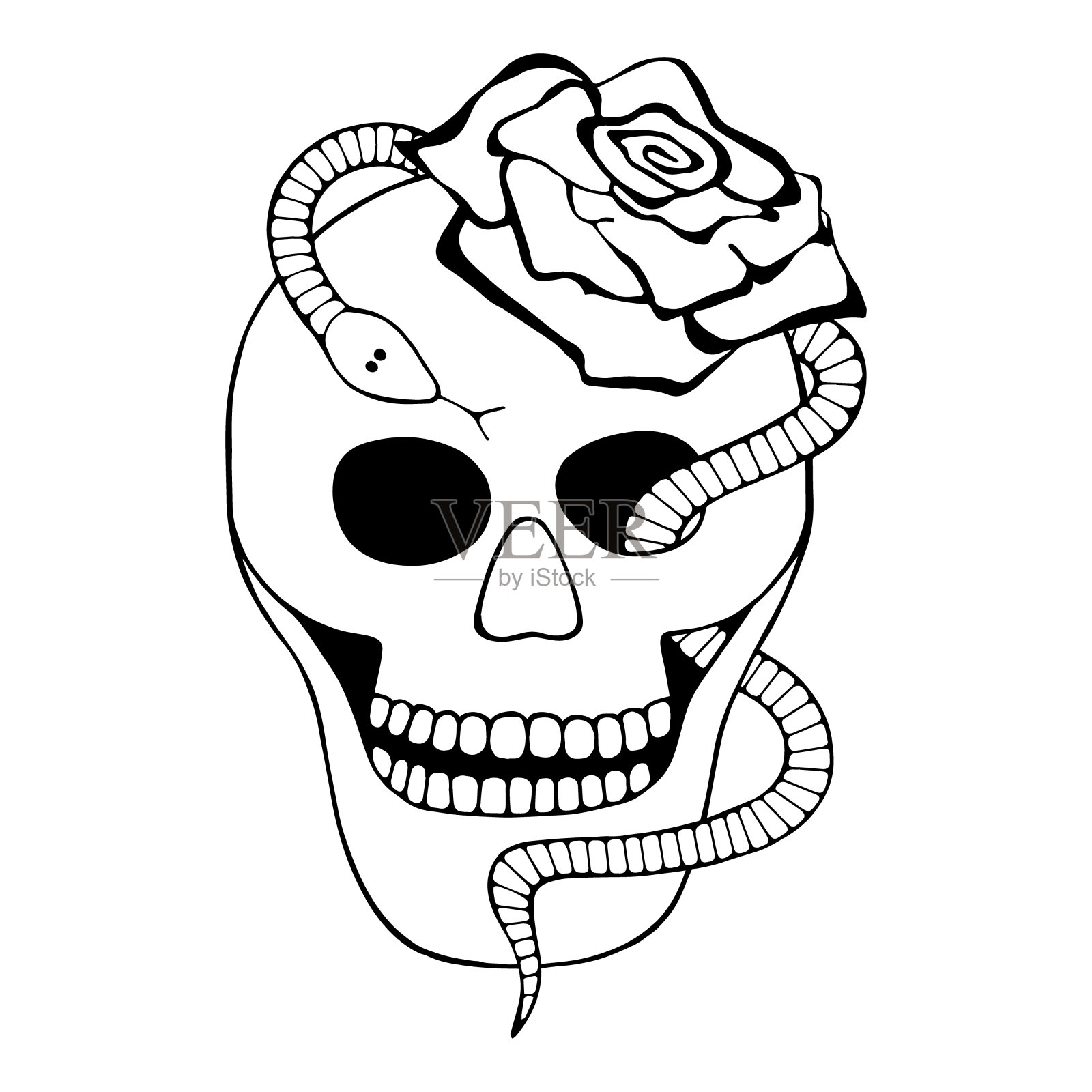 矢量黑白手绘插图骷髅与蛇玫瑰牙齿剪影人脸的人类打印恐怖t恤墨西哥