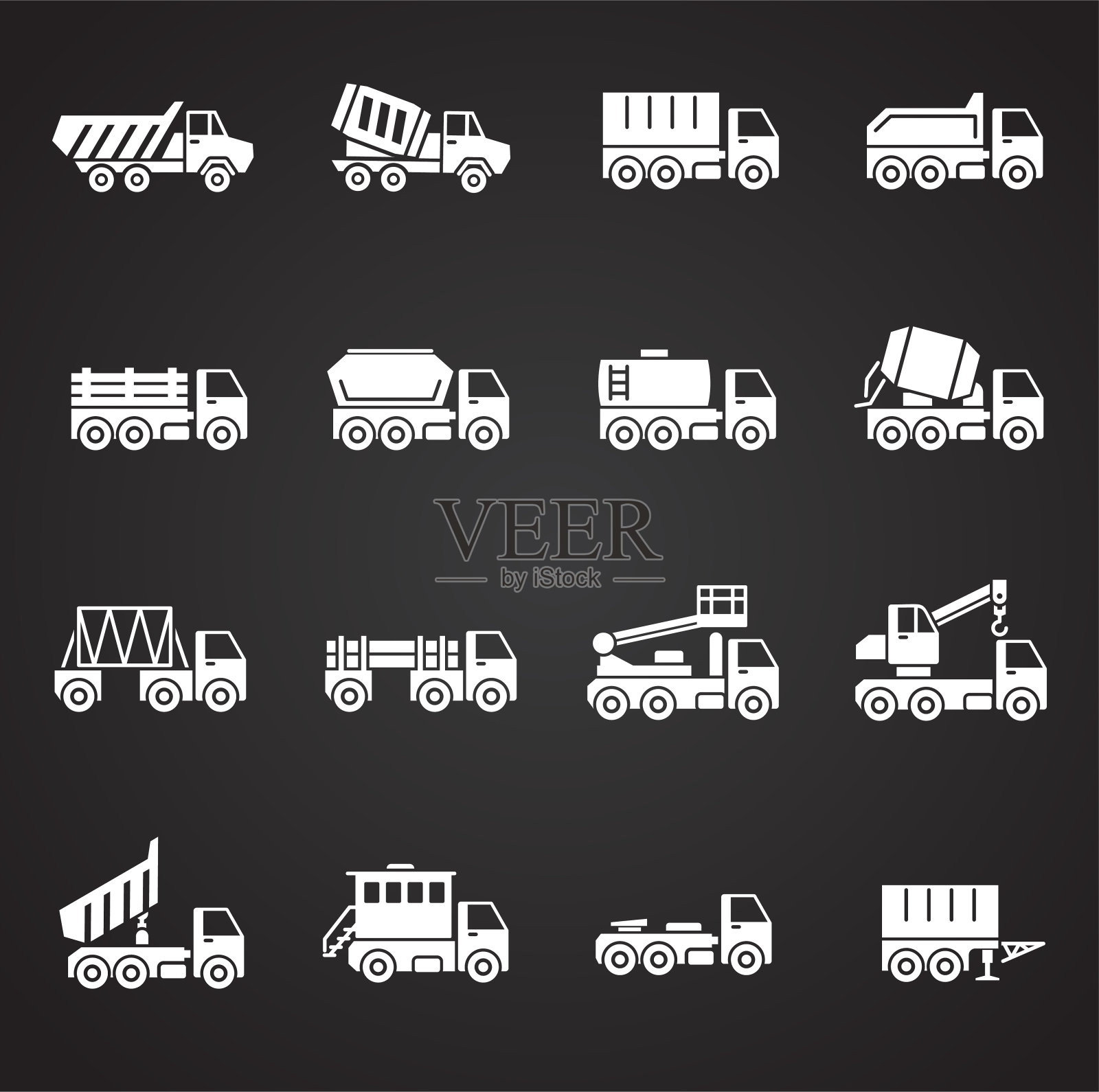 重型车辆相关图标设置在图形和网页设计的背景。简单的说明。网站按钮或手机应用的互联网概念符号。图标素材
