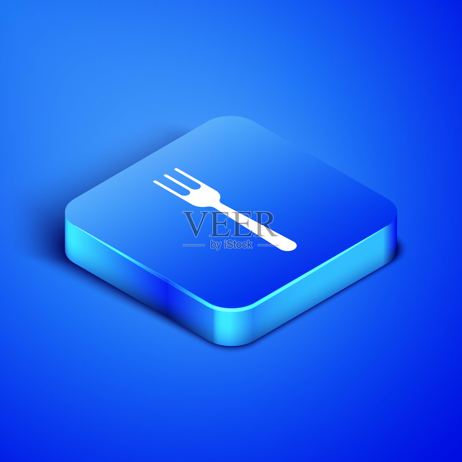 等距叉图标隔离在蓝色背景。餐具的象征。蓝色方块按钮。矢量图图标素材