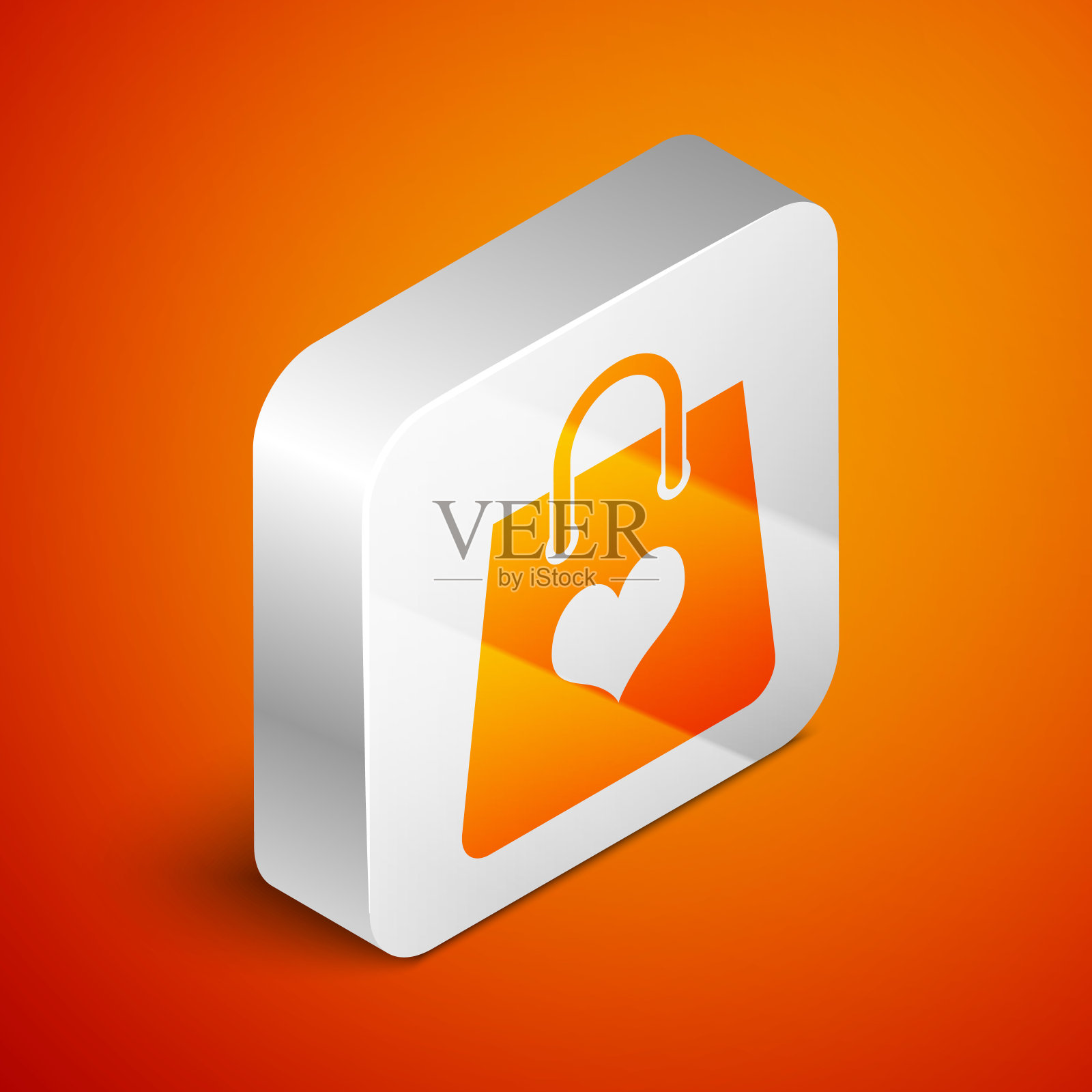 购物袋与心脏图标孤立在橙色背景。购物袋商店喜欢心形图标。情人节的象征。银广场按钮。矢量图图标素材