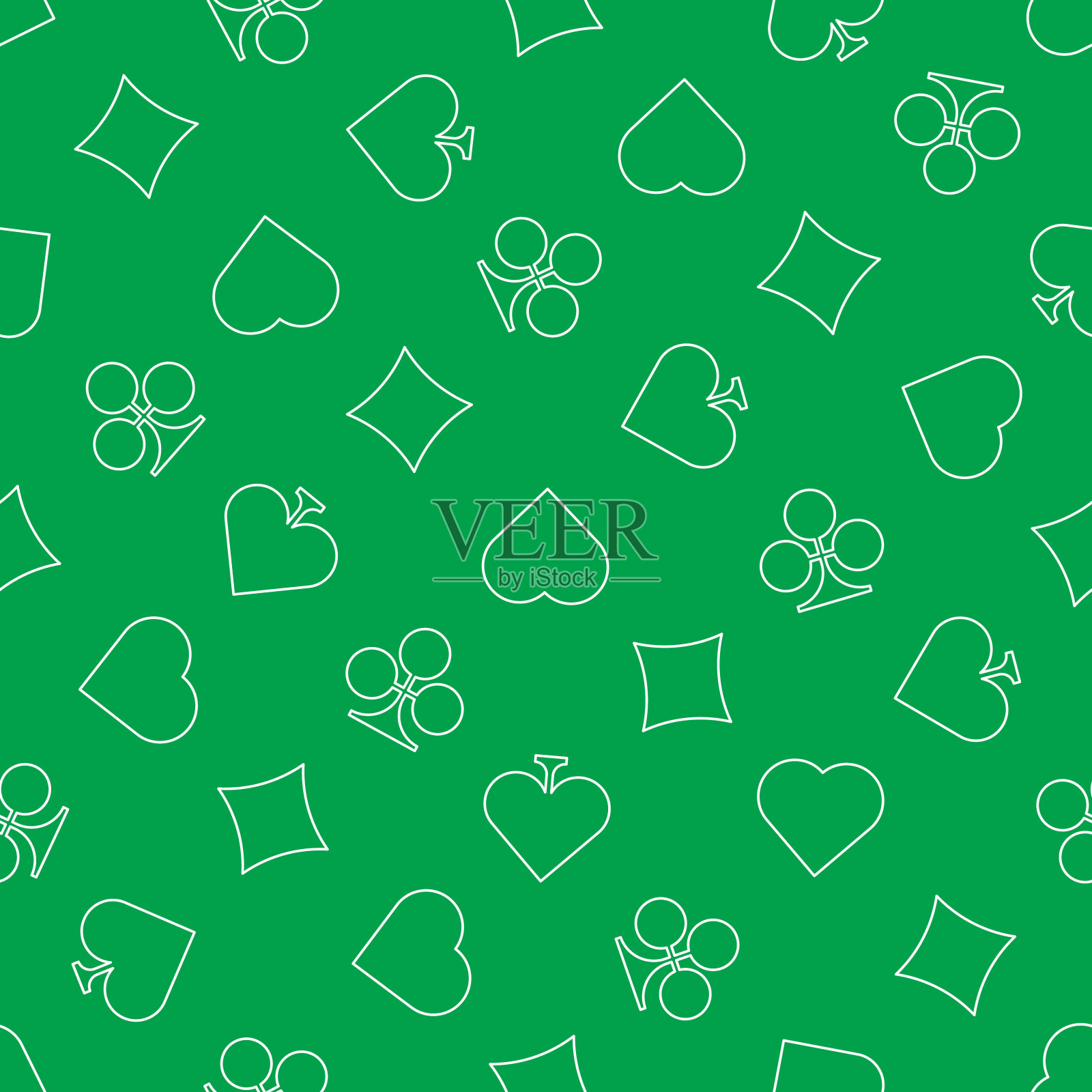 矢量牌适合无缝模式。白色平线心，瓷砖，三叶草和矛符号在绿色的背景。每股收益10插画图片素材