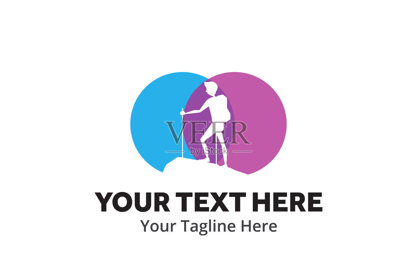 冒险攀爬者独特简约的标志创意设计，以平面风格搭配色彩。徒步旅行者创意简单的标志创意设计在平面风格与颜色插画图片素材