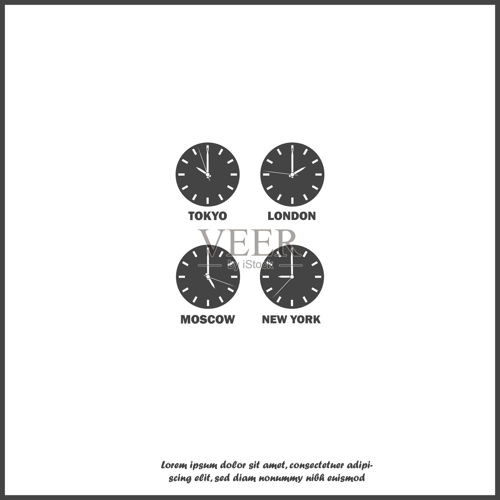 一套显示不同时区时间差异的时钟。时区时钟和国际时间。矢量白色图标上的白色孤立背景。插画图片素材