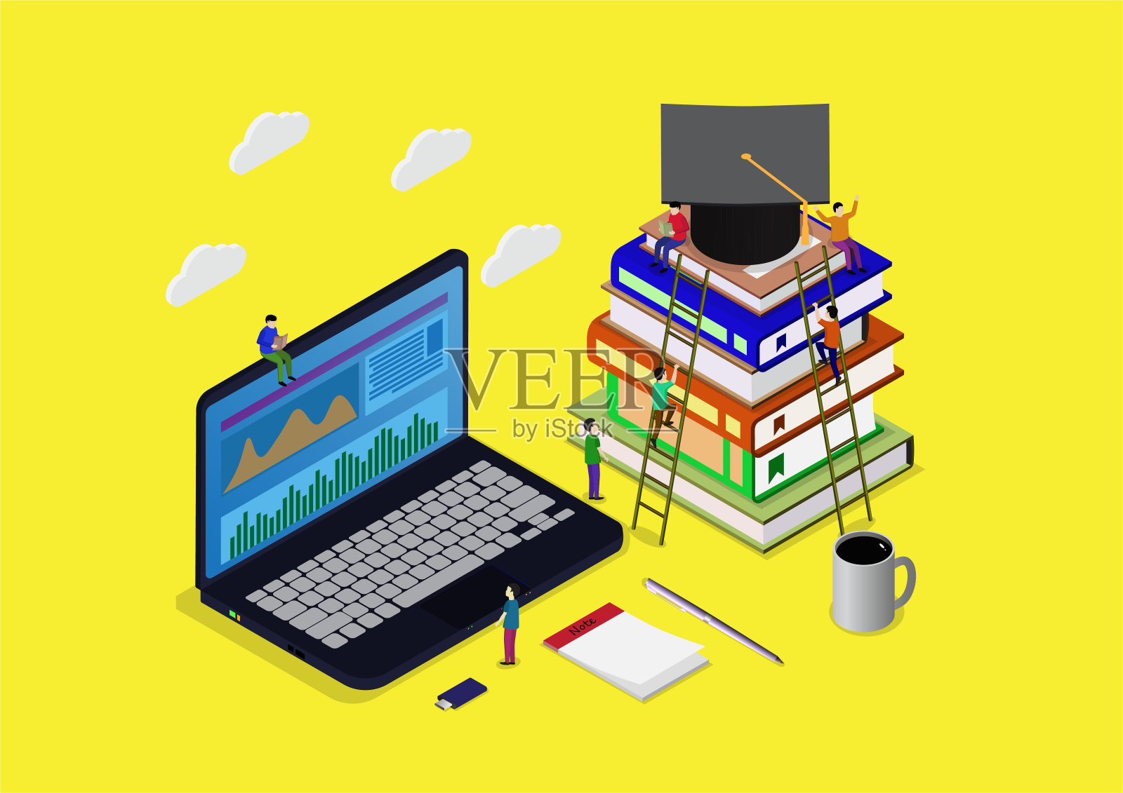 在线教育理念与书籍和笔记本插图插画图片素材