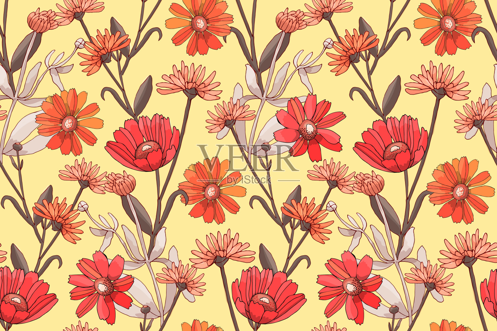 艺术花卉矢量无缝模式与红色和橙色的花。插画图片素材