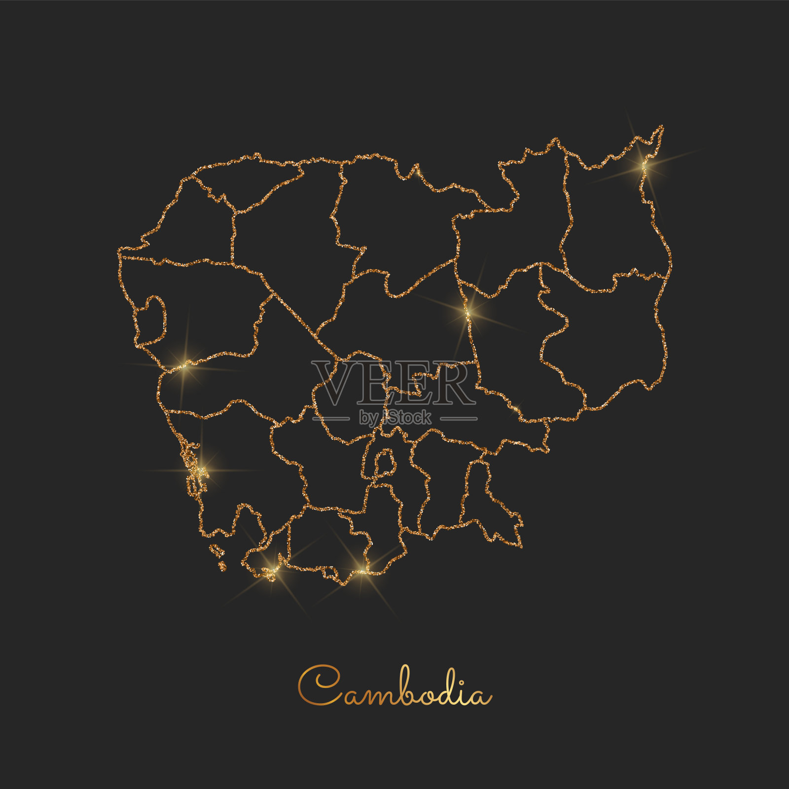 柬埔寨地区地图:金色闪烁的轮廓与闪烁的星星在黑暗的背景。插画图片素材