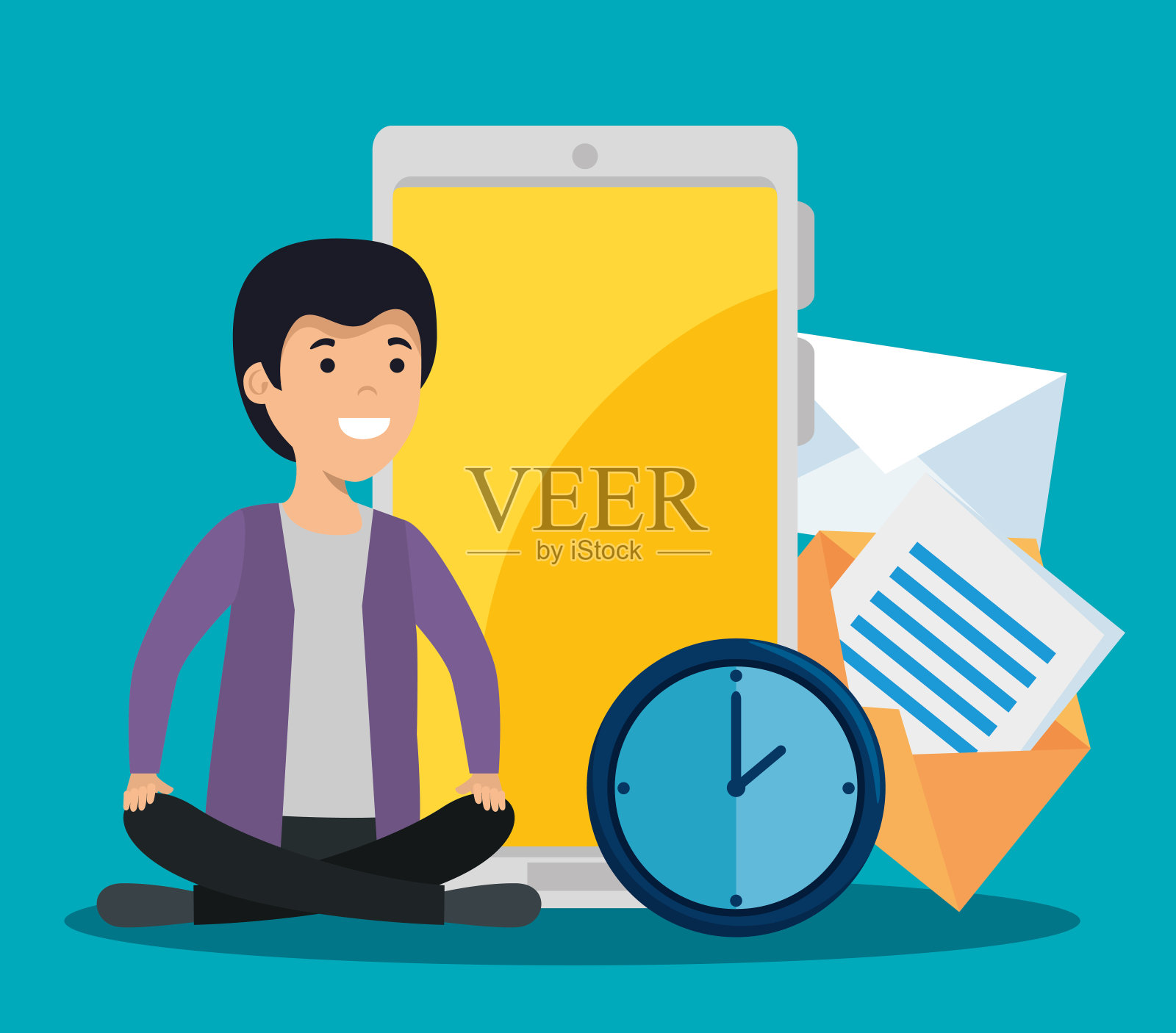 男孩有智能手机和社交电子邮件信息插画图片素材