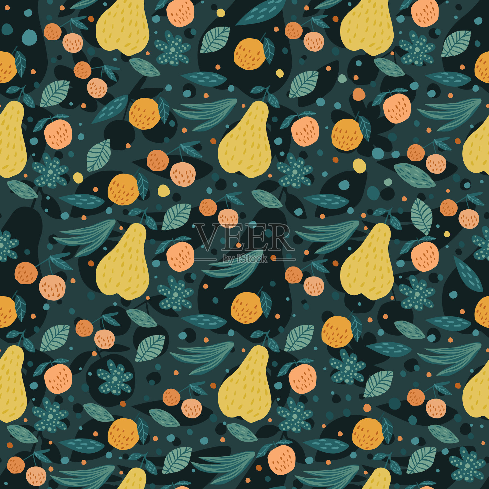 水果无缝模式。樱桃，苹果，梨和树叶手绘墙纸。插画图片素材