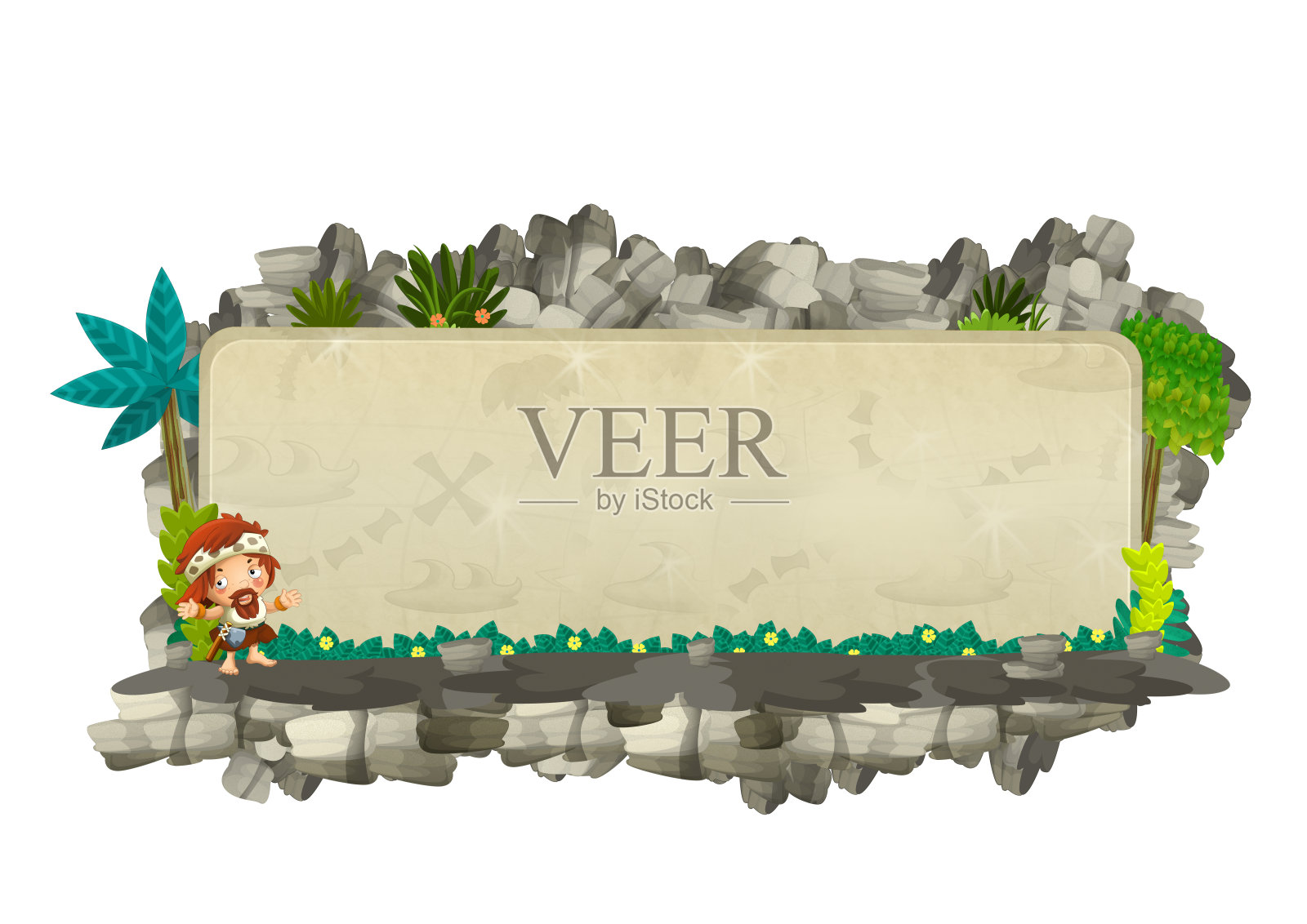 卡通场景与自然标题框架与岩石和植物在白色的背景插画图片素材