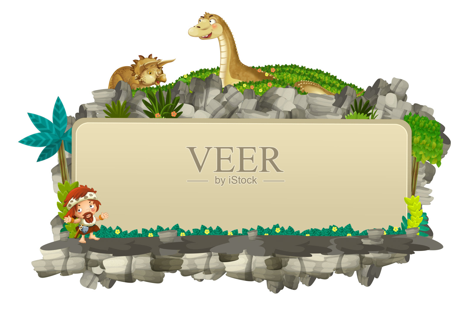 卡通场景与自然标题框架与岩石和植物在白色的背景插画图片素材