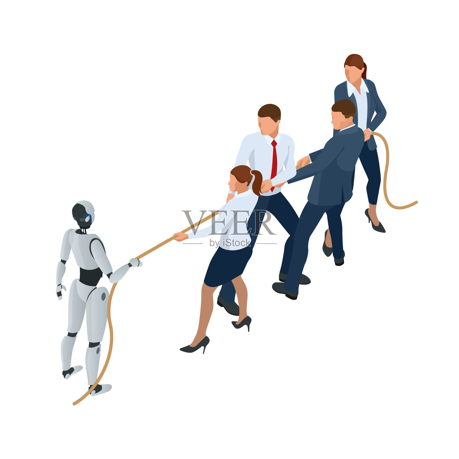 等距商务人士和机器人在西装革履的人工智能拉扯绳索，竞争，冲突。拔河和竞争的象征。人们对机器。插画图片素材
