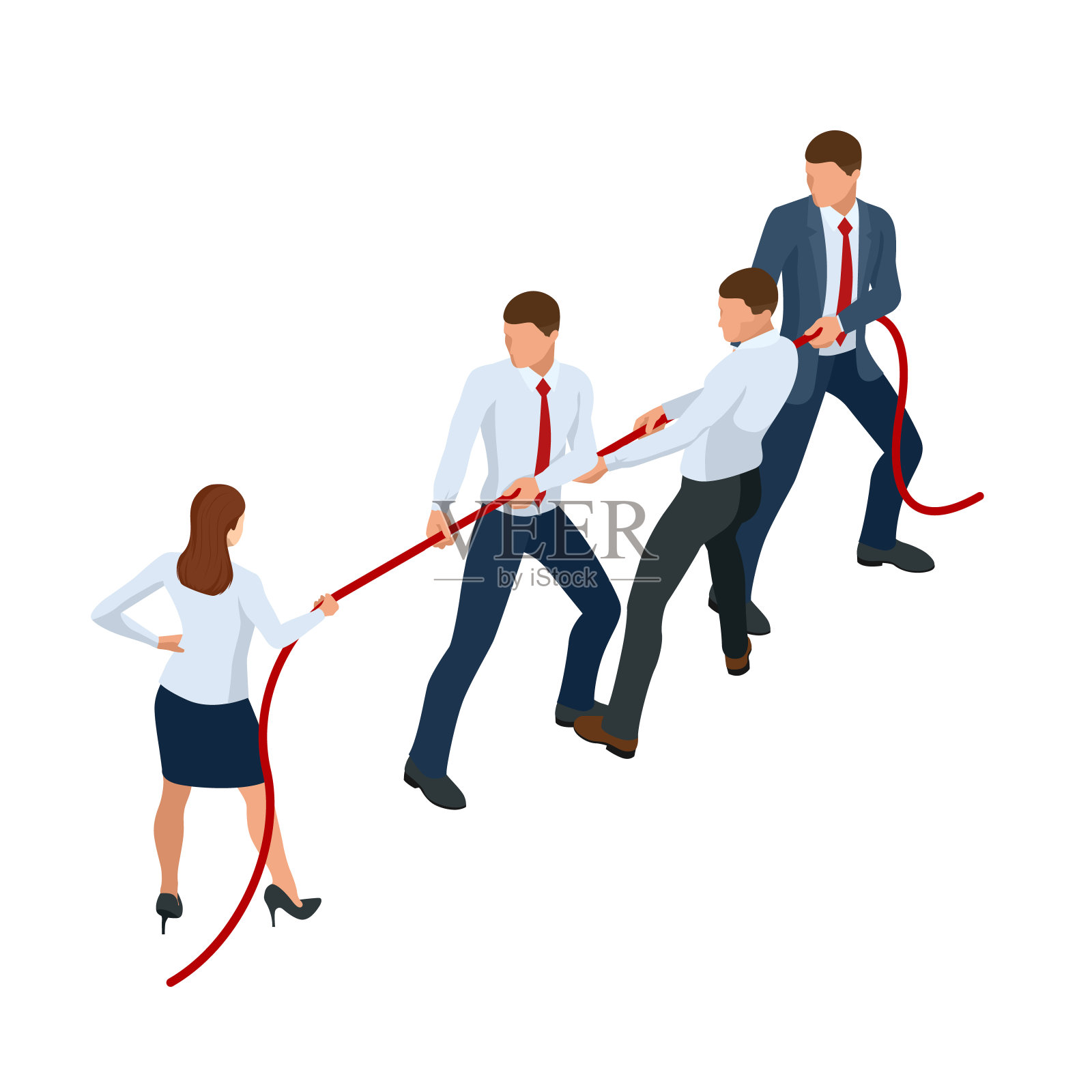 42、西装革面的商人和女商人拉着绳子，竞争，冲突。拔河和竞争的象征。插画图片素材