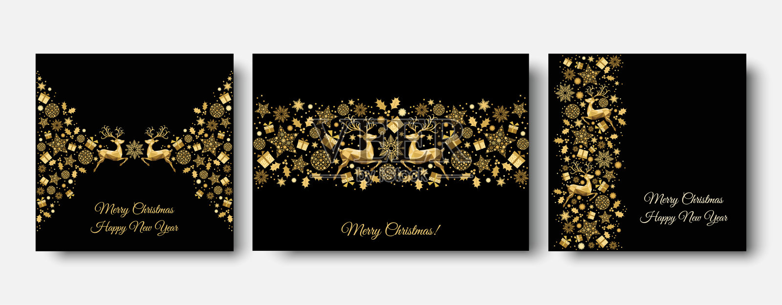圣诞金饰用圣诞驯鹿、礼物、雪花。设计模板素材