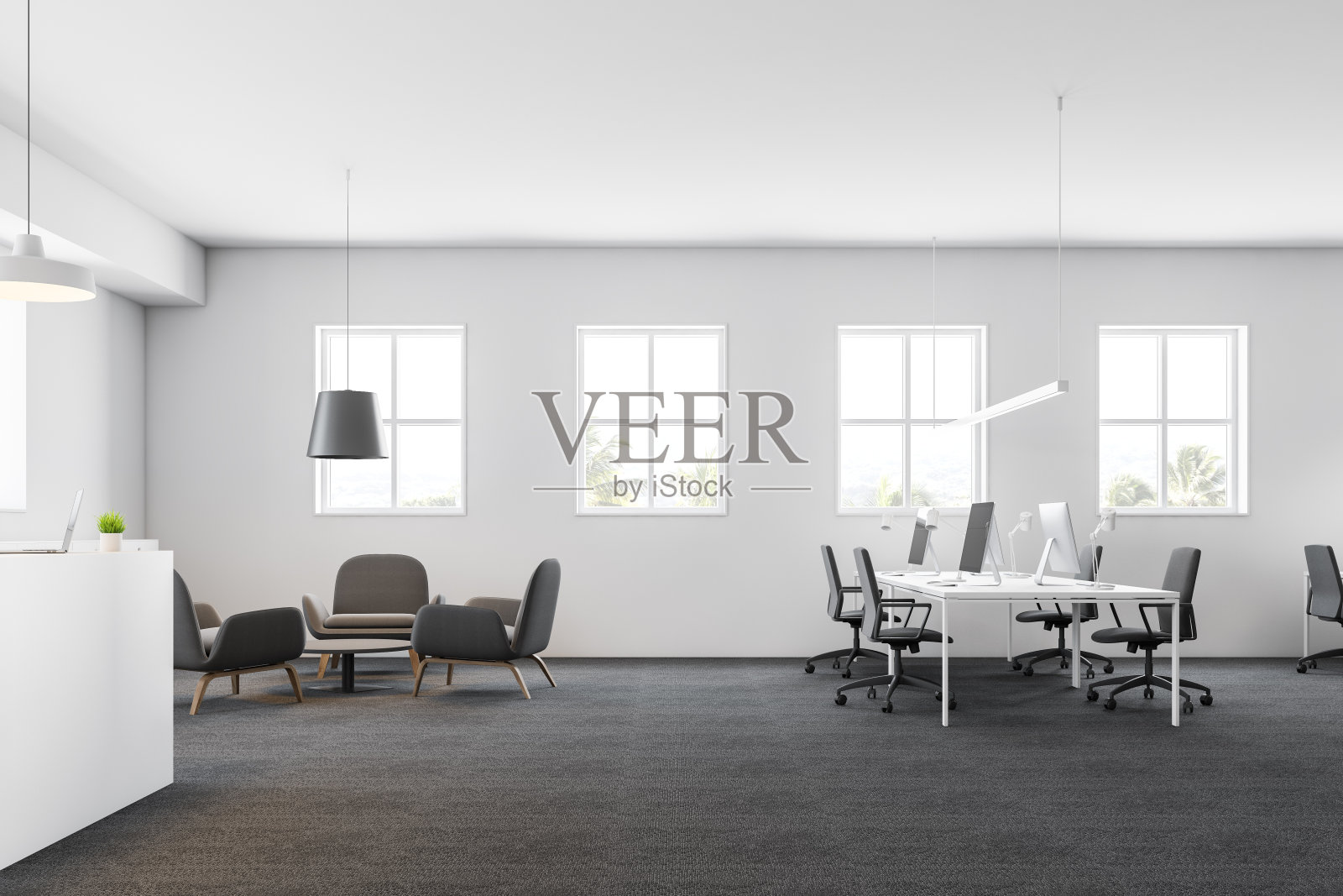 白色的开放空间办公室，休息室和接待处照片摄影图片