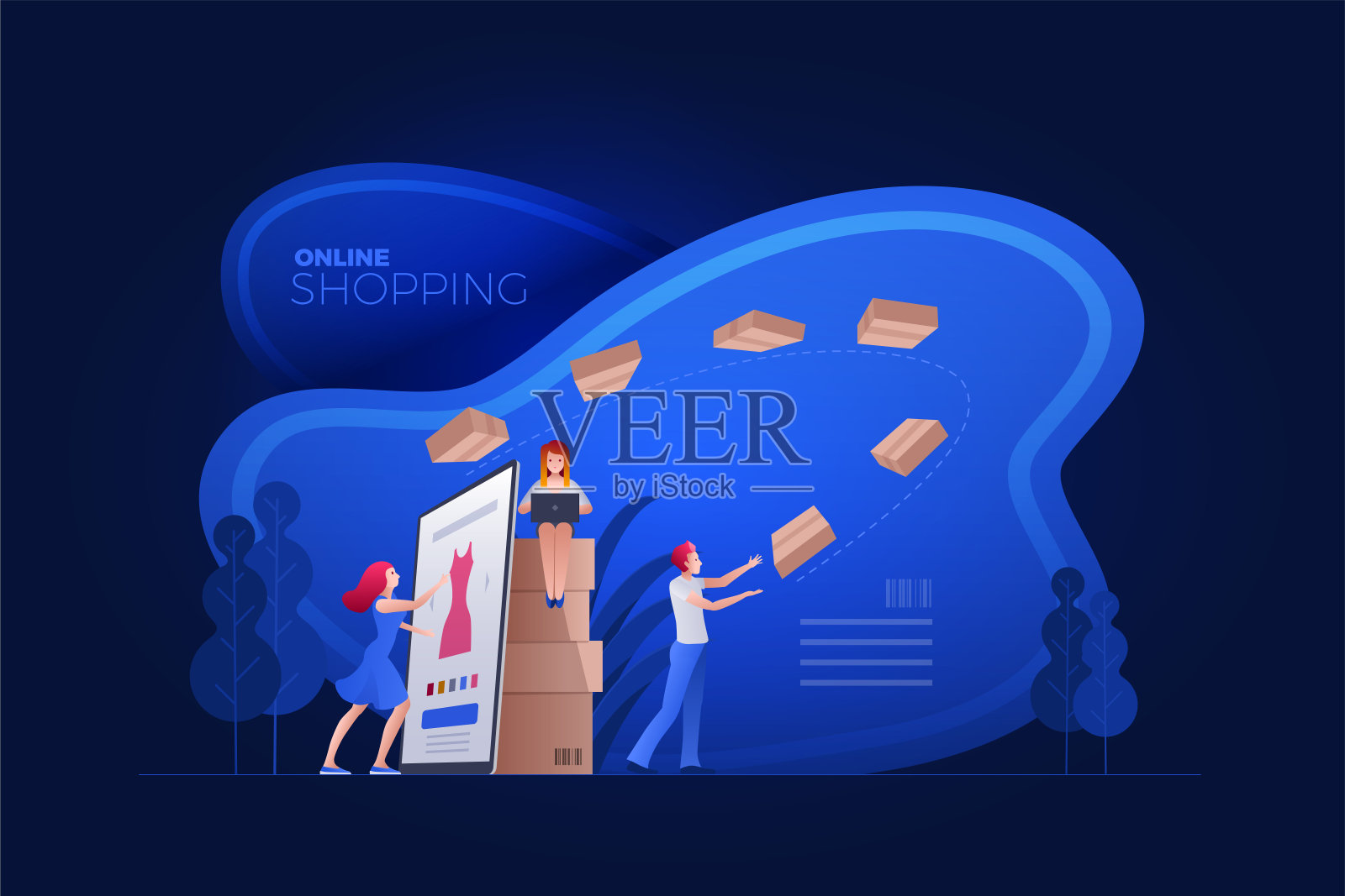 网上购物智能手机，数字平板电脑或笔记本电脑插画图片素材