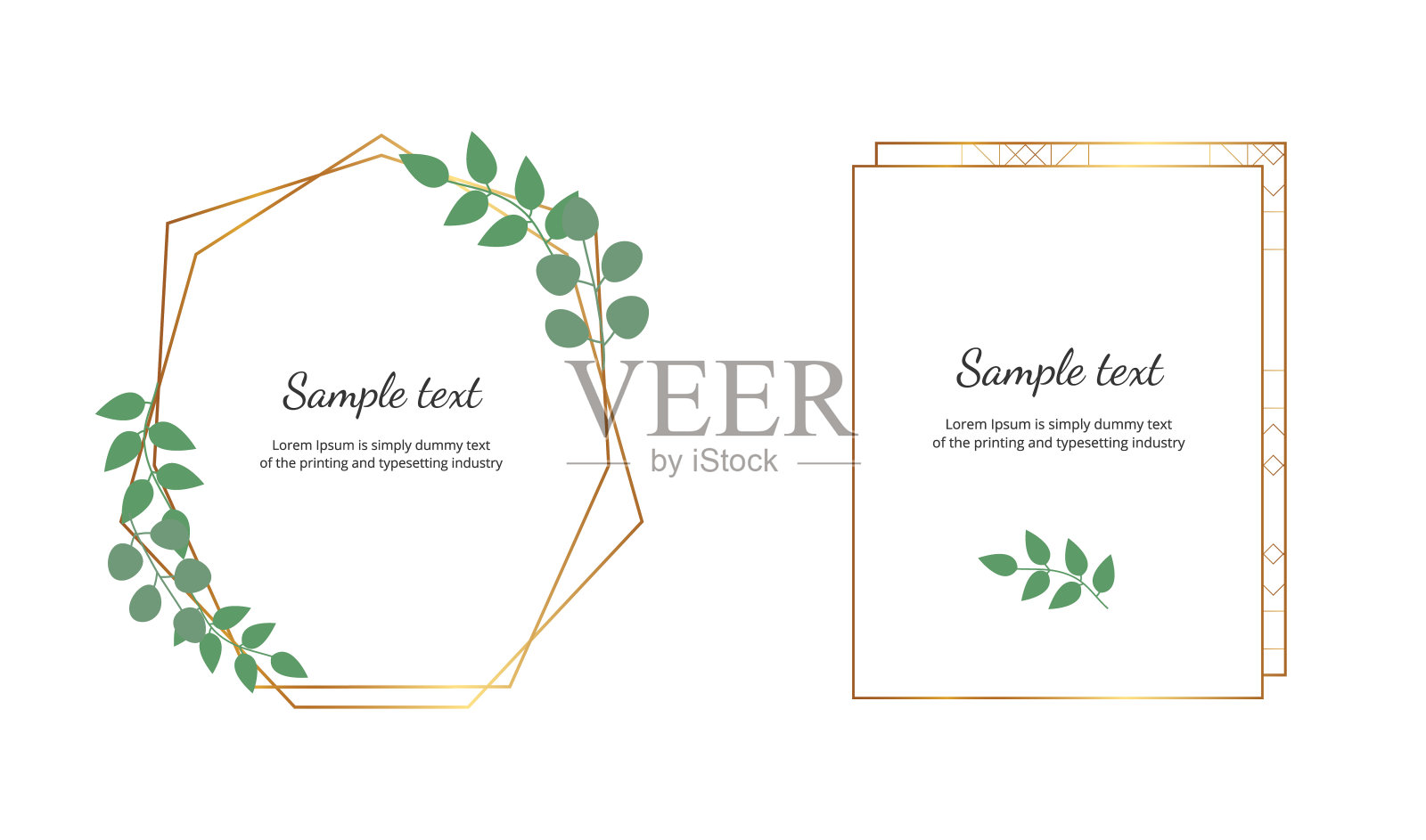 几何多边形框架与金色的线和叶桉树。植物设计婚礼模板，请帖，保存日期，横幅，海报，卡片，招贴，传单，请帖，问候插画图片素材