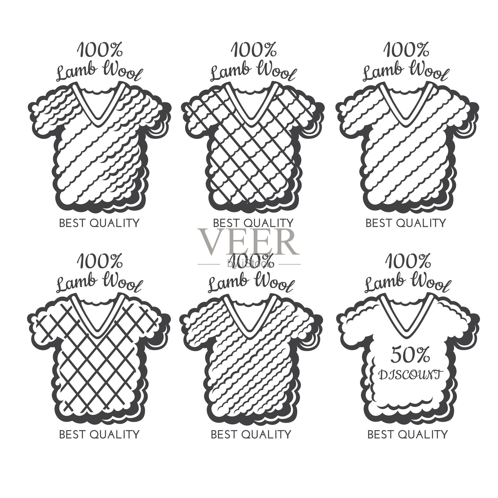 套羊毛标签与不同的羊毛套头衫。针织工艺相关场所或业务的标签插画图片素材