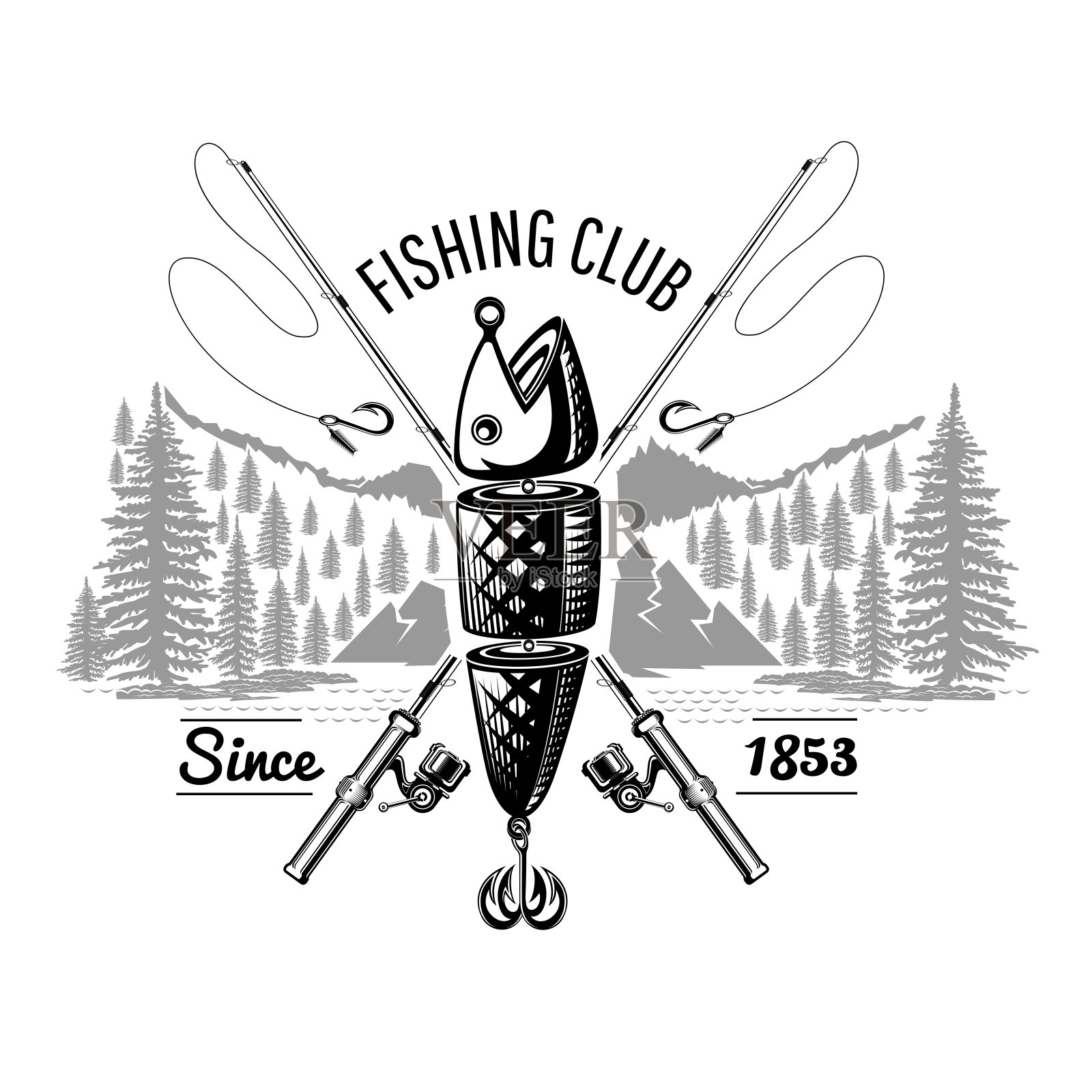 勺饵鱼与交叉鱼竿与景观雕刻风格。标签为钓鱼或垂钓店白色设计元素图片