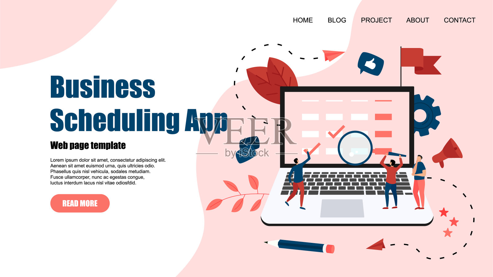 网页模板。平板设计业务调度应用程序在笔记本电脑的事件，提醒和计划插画图片素材