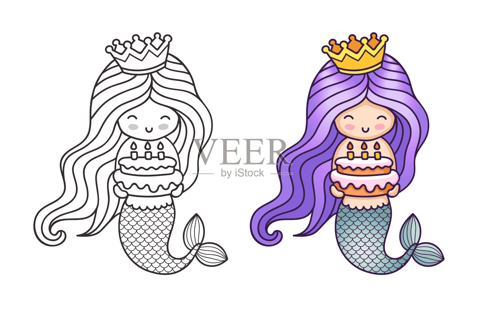 可爱的美人鱼紫色梯度头发，拿着一个生日蛋糕。插画图片素材