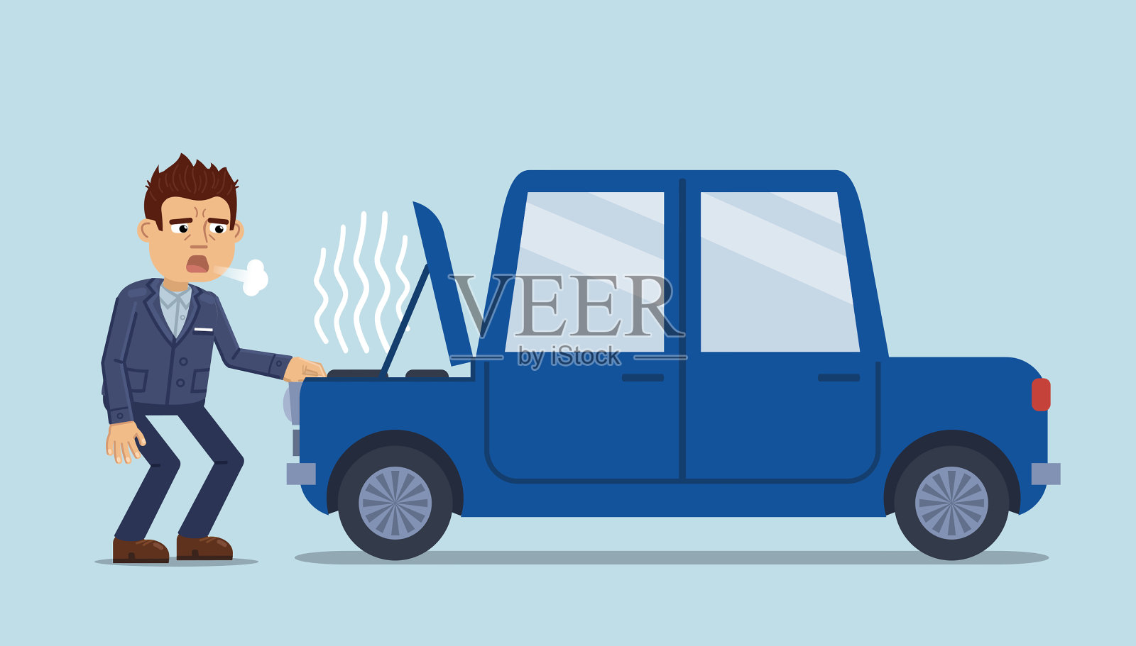 一个疲惫的商人站在一辆破车旁的插图。商人修理他的汽车累了插画图片素材