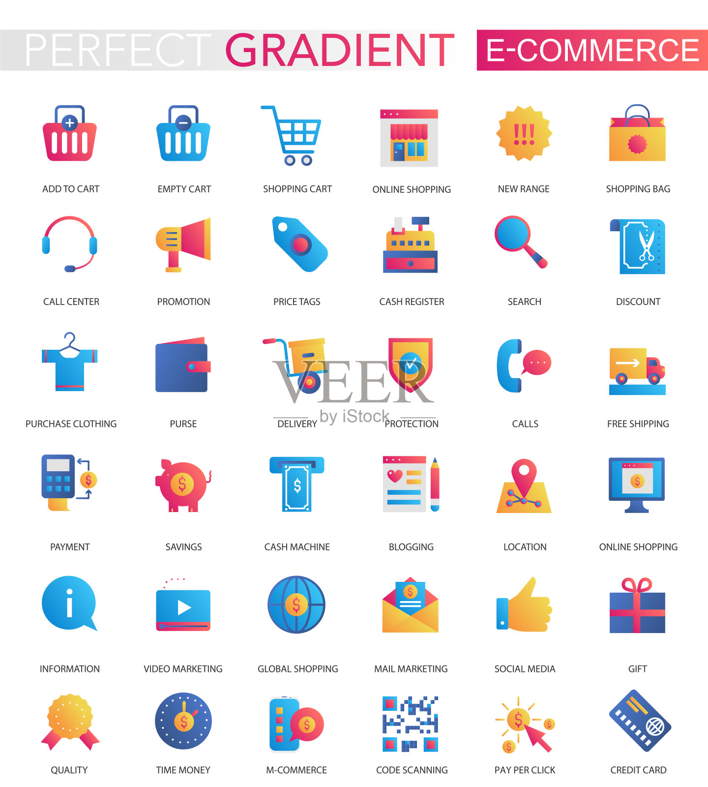 向量集时尚的平面梯度电子商务图标。插画图片素材