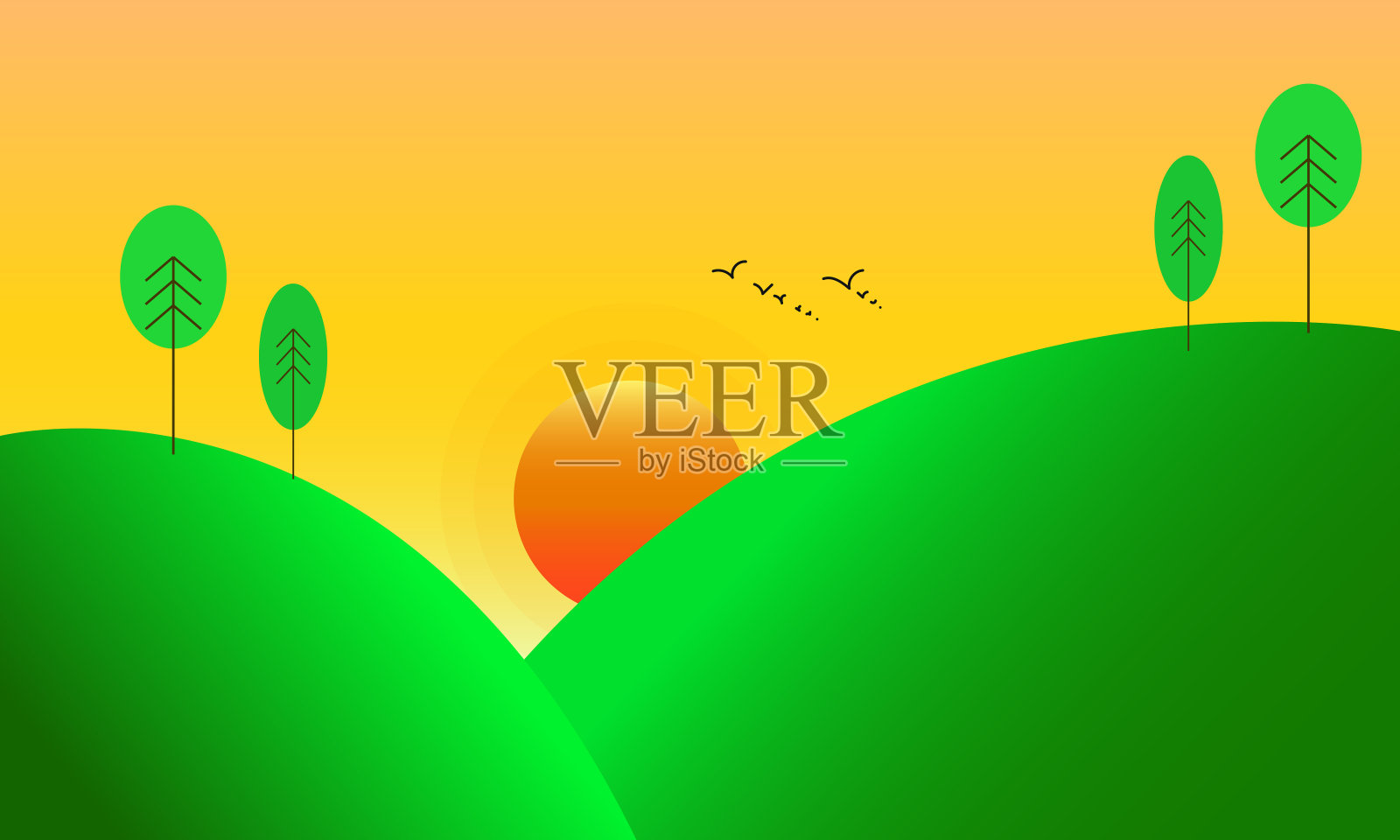 日落，日出，风景，绿地，树木，太阳和鸟儿插画图片素材