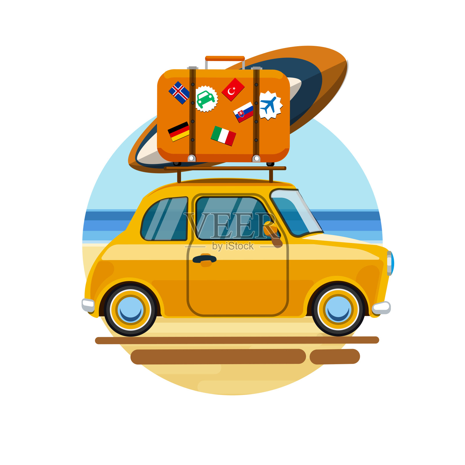 海边的车，白色背景上放着行李插画图片素材