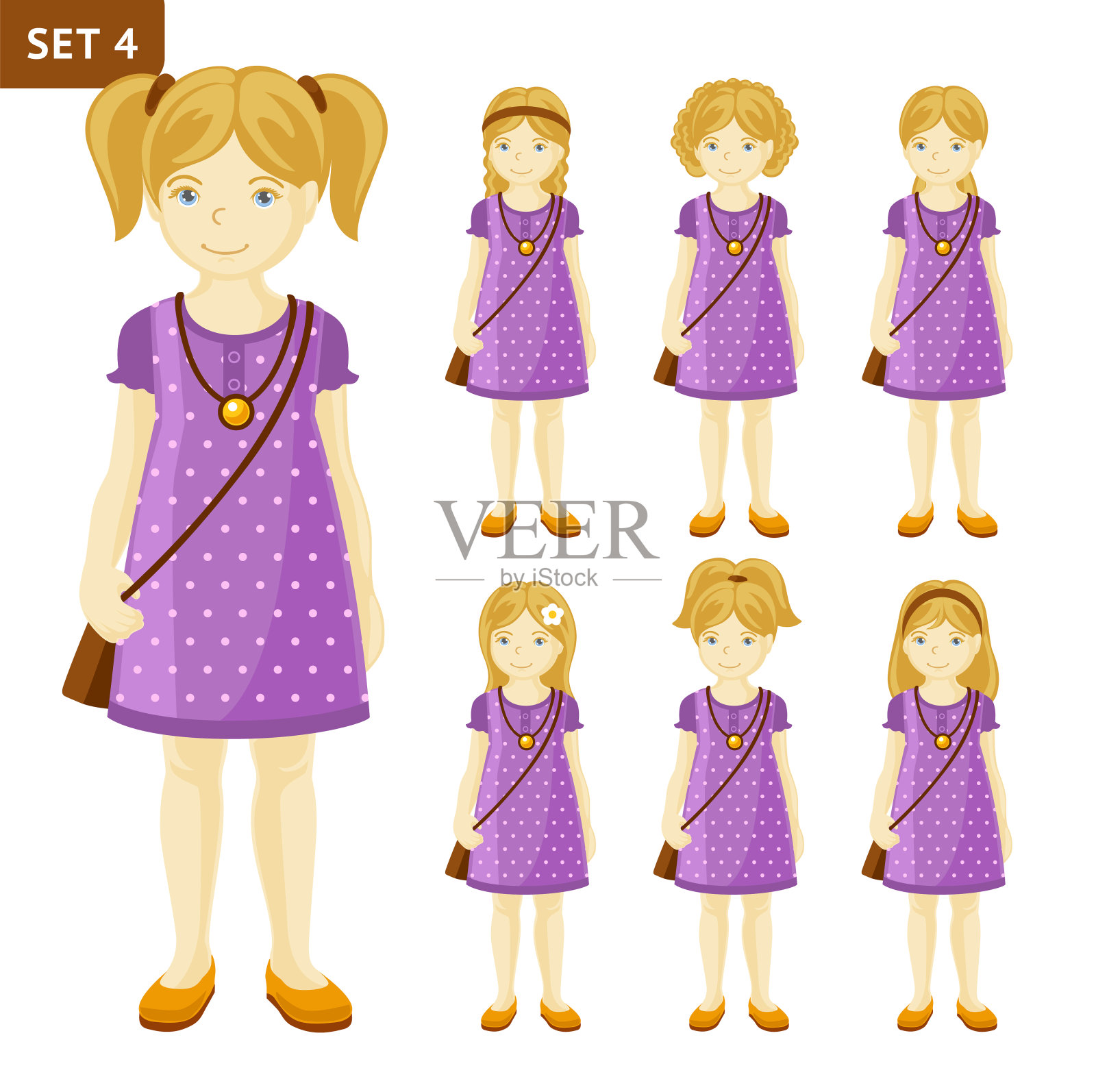 可爱的金发小女孩收集不同的发型。全身像。设计元素图片