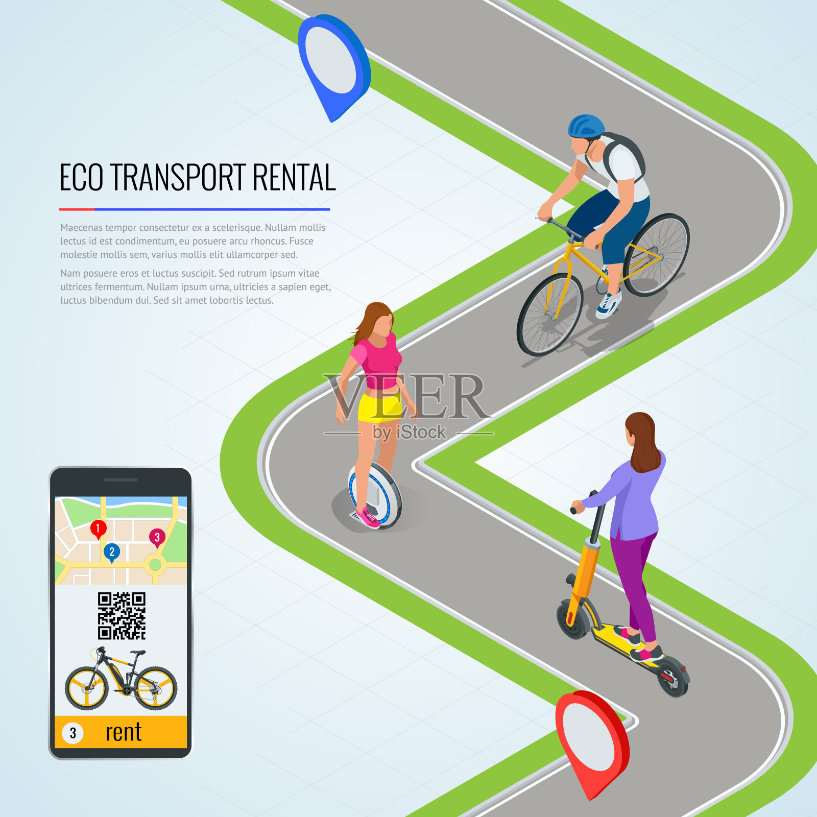 等距电动摩托车和自行车出租车站和收银机付款。手机上的应用程序，在城市里租一辆摩托车。城市交通。现代技术。插画图片素材