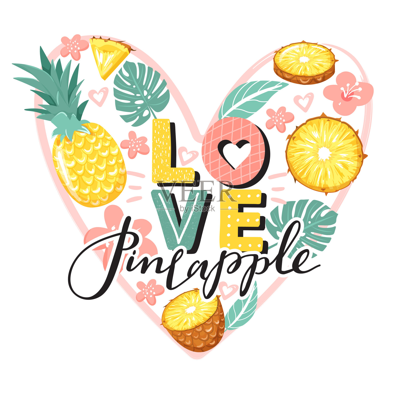 时尚的排版标语设计“爱菠萝”标志。插画图片素材