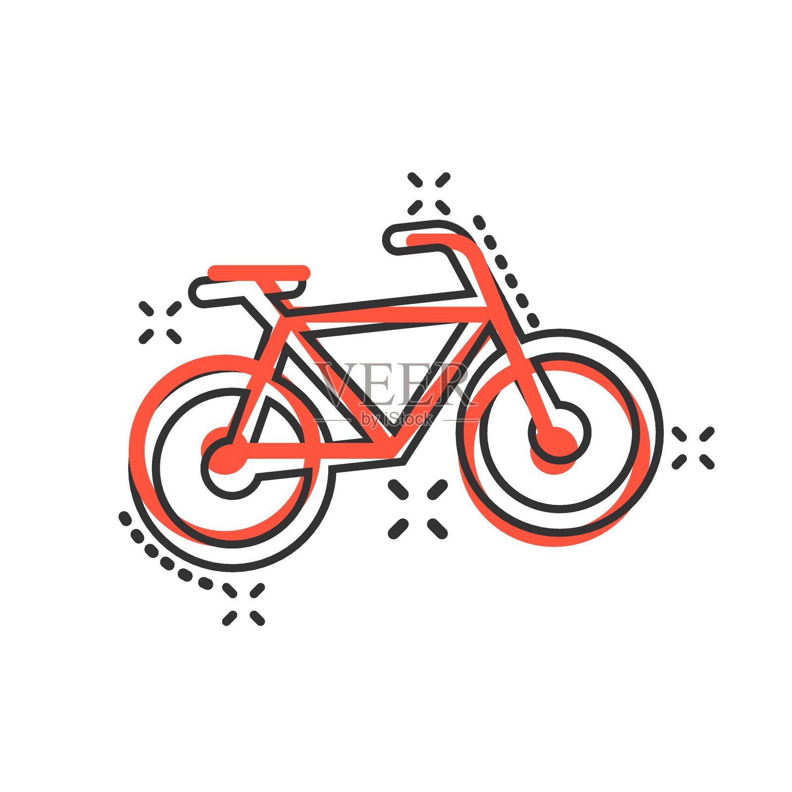 漫画风格的自行车标志图标。自行车矢量卡通插图在白色孤立的背景。骑行企业概念飞溅效应。插画图片素材