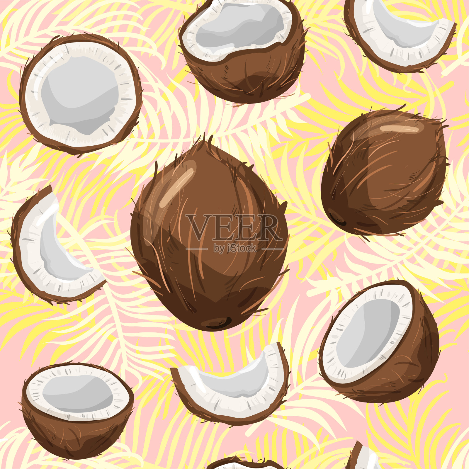 现代无缝热带模式与椰子和棕榈叶。插画图片素材