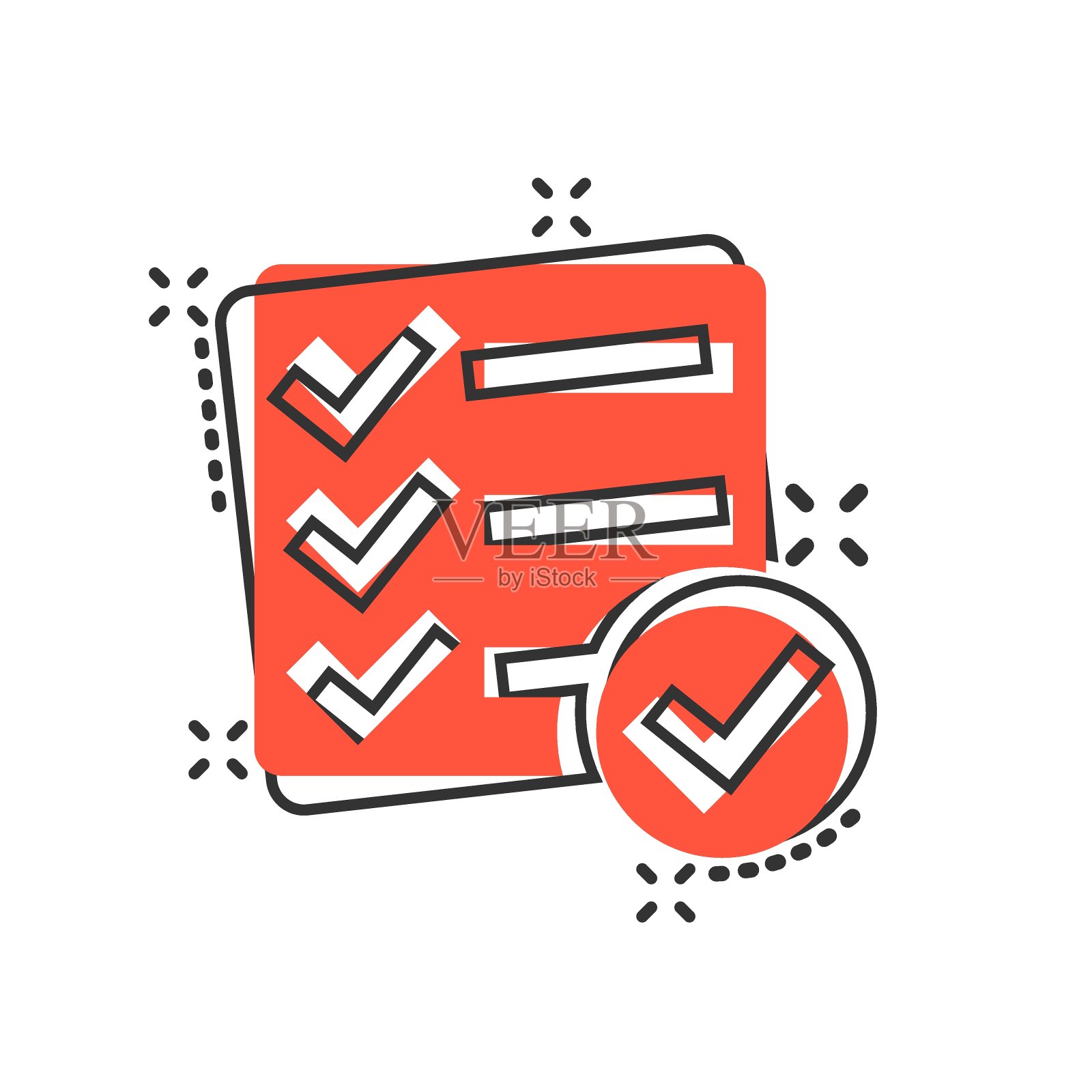 检查表文件签名图标在漫画风格。调查矢量卡通插图在白色孤立的背景。检查标志横幅商业概念飞溅效果。插画图片素材