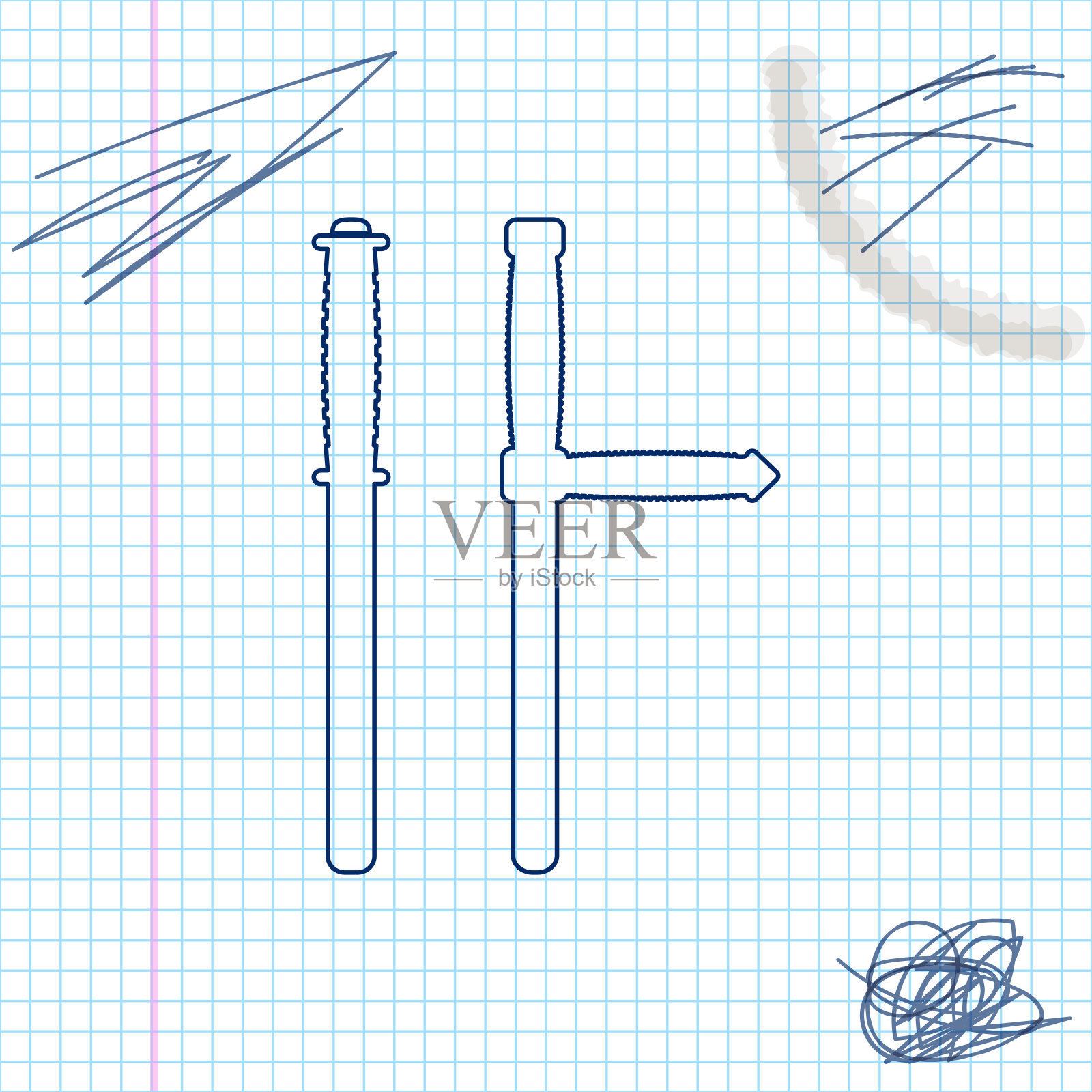白色背景上隔离的警察橡皮警棍线条草图图标。橡胶警棍。警察蝙蝠。警察的装备。矢量图插画图片素材
