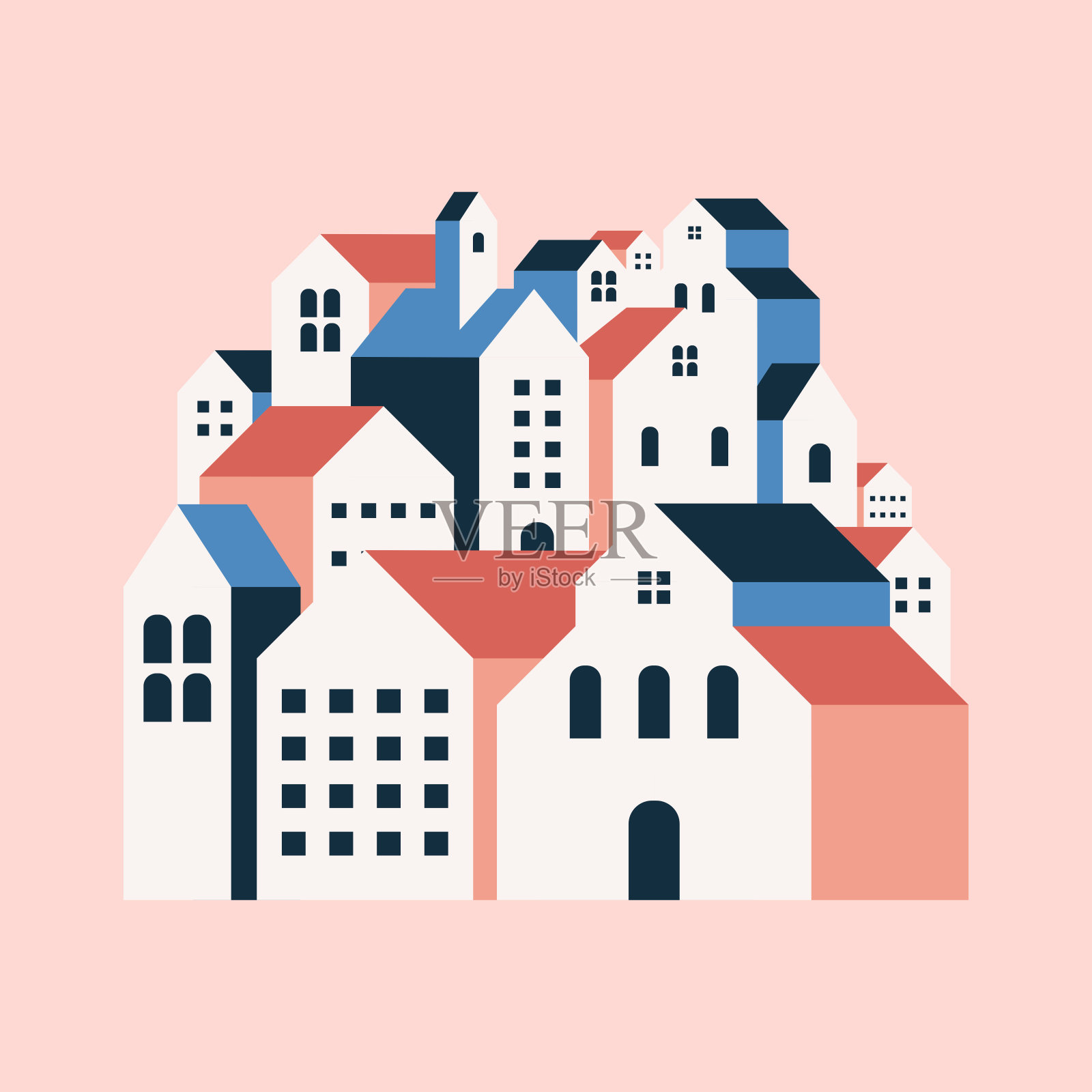 平面几何建筑，简约的城市景观风格。插画图片素材