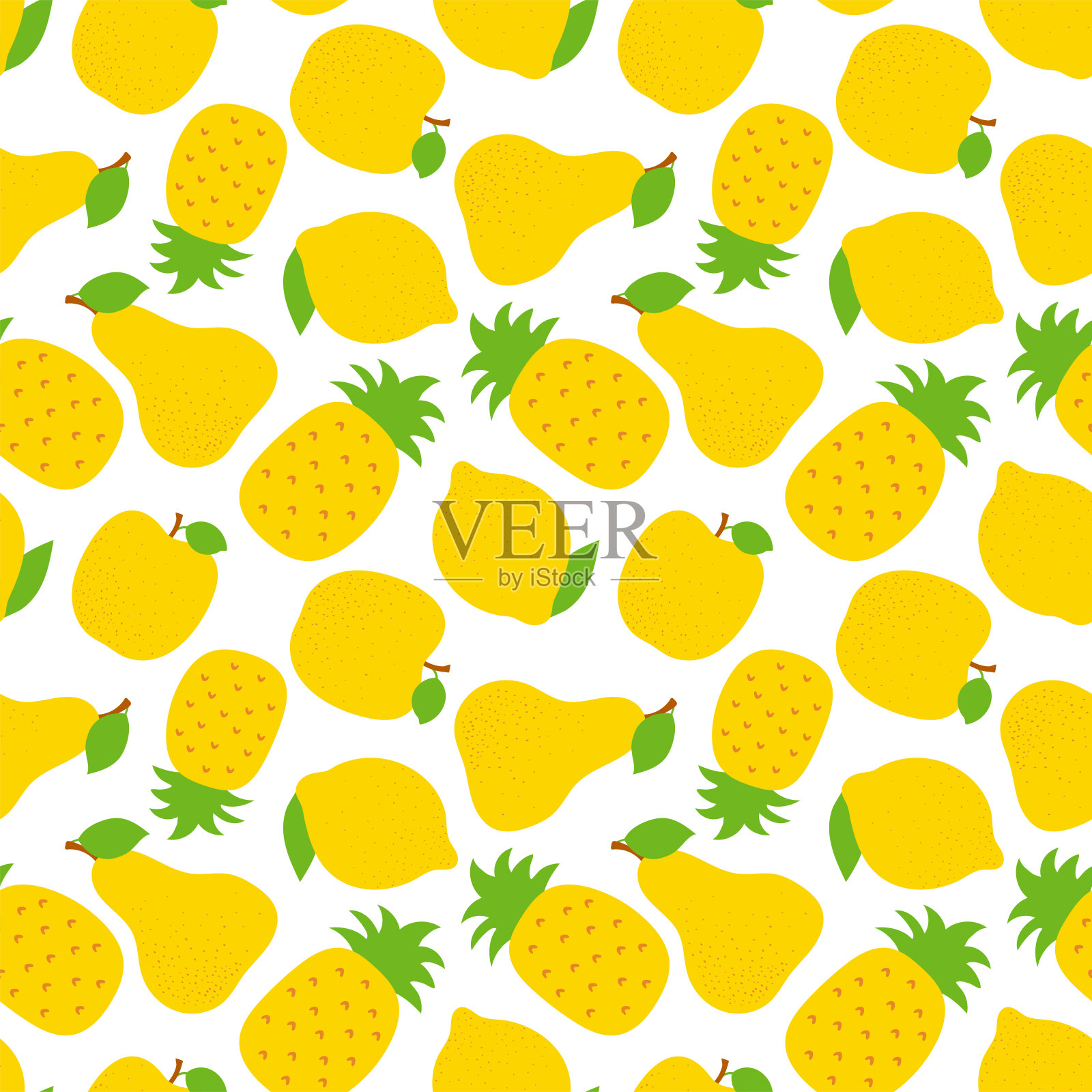 异域水果无缝图案。甜菠萝，梨和苹果。黄色的柠檬。时装设计。食品印花用于服装，纺织品，窗帘或亚麻布。手绘矢量草图背景。素食菜单插画图片素材