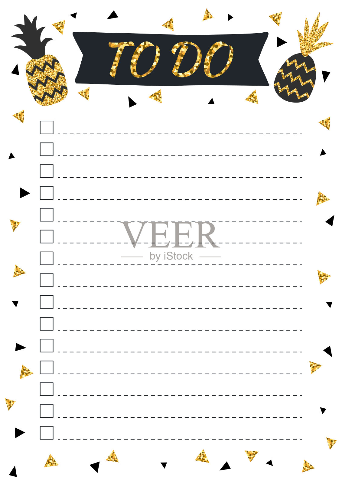 创造性的清单与金色闪光的菠萝在斯堪的纳维亚风格。插画图片素材