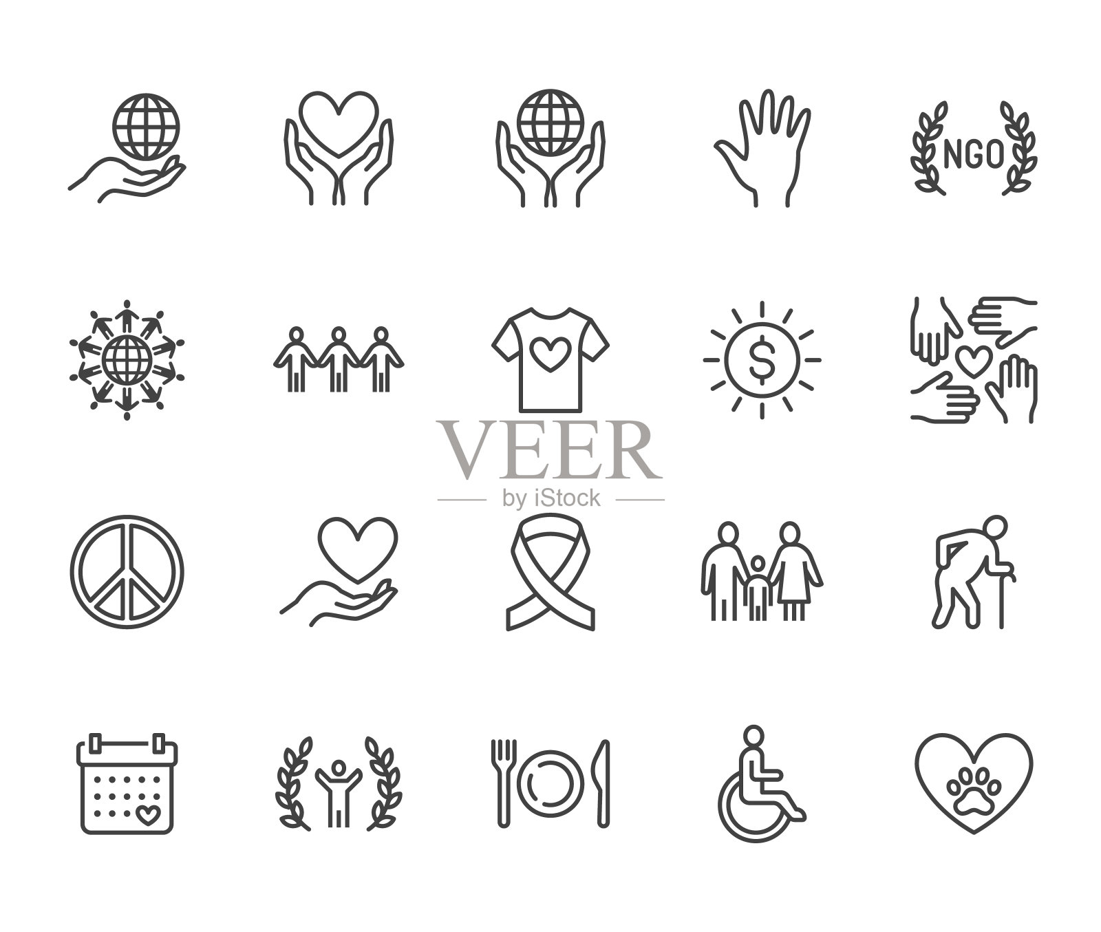 慈善平面线图标集。捐赠，非营利组织，非政府组织，提供帮助矢量插图。勾画捐款的标志，志愿服务的社区。像素64 x64完美。可编辑的中风图标素材