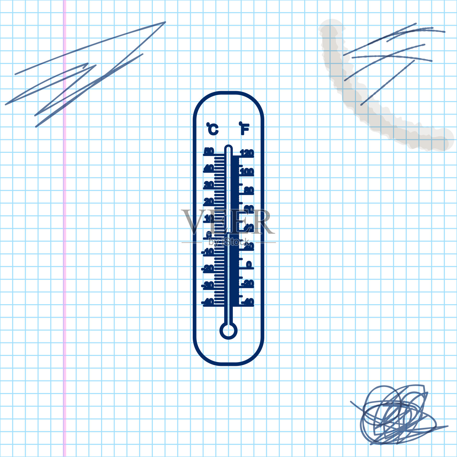 摄氏和华氏气象温度计测量热和冷线草图图标孤立在白色背景。显示冷热天气的温度计设备。矢量图插画图片素材