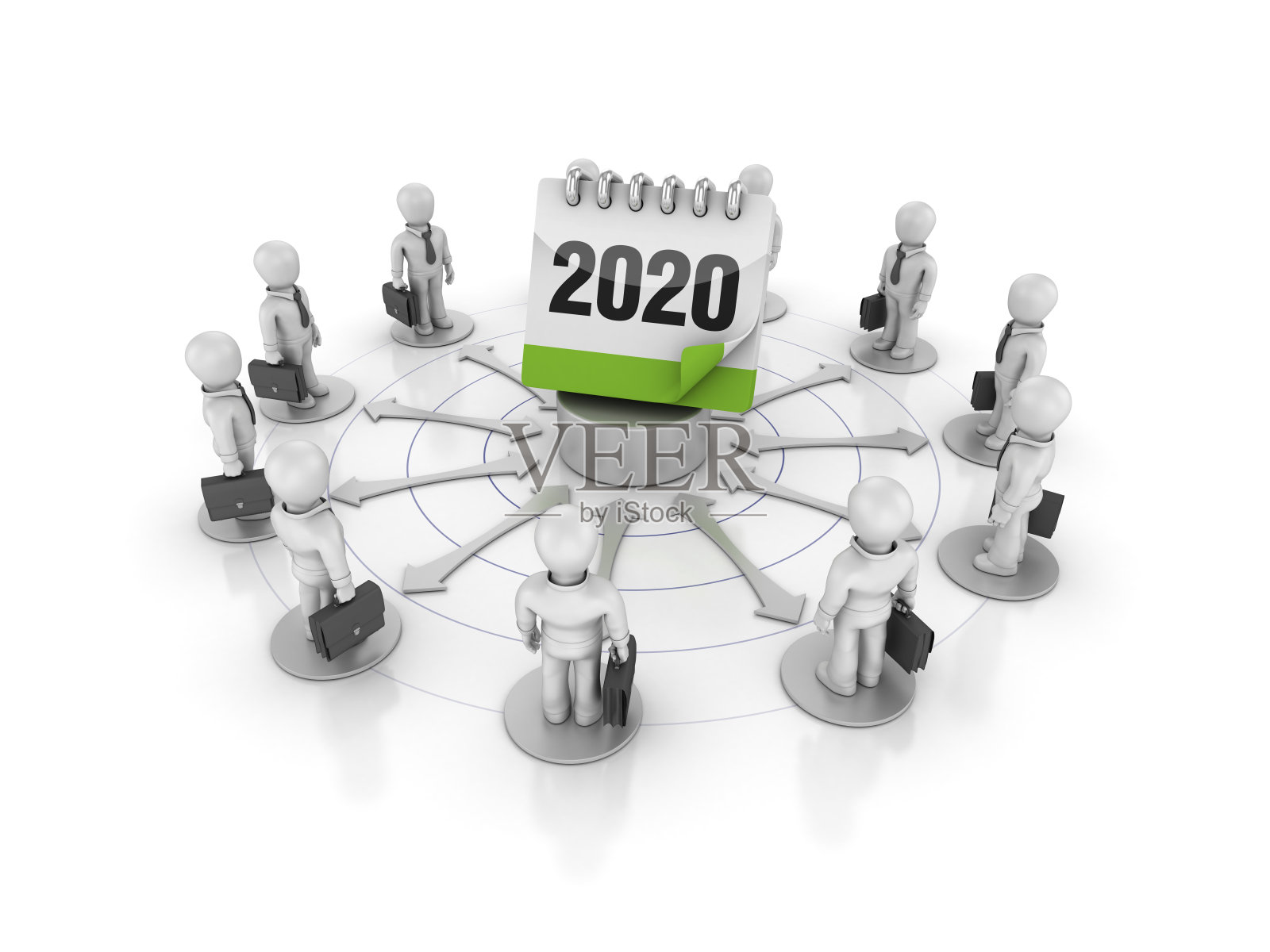团队商务人士与2020日历- 3D渲染照片摄影图片