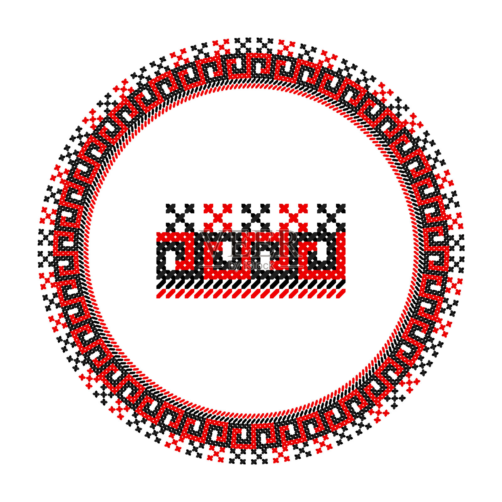 绣品不错，喜欢乌克兰族手工挑花图案。民族风格的圆形装饰，颜色为红色和黑色插画图片素材