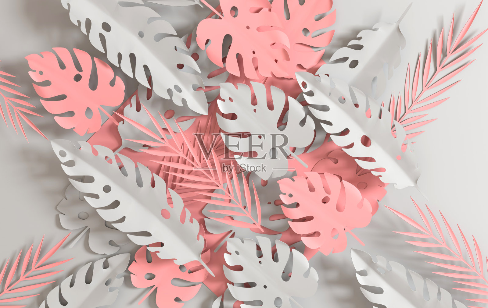 热带棕榈叶。夏季热带色彩柔和的叶子。折纸异国情调的夏威夷丛林树叶，夏季背景。剪纸。最小的风格。三维渲染照片摄影图片