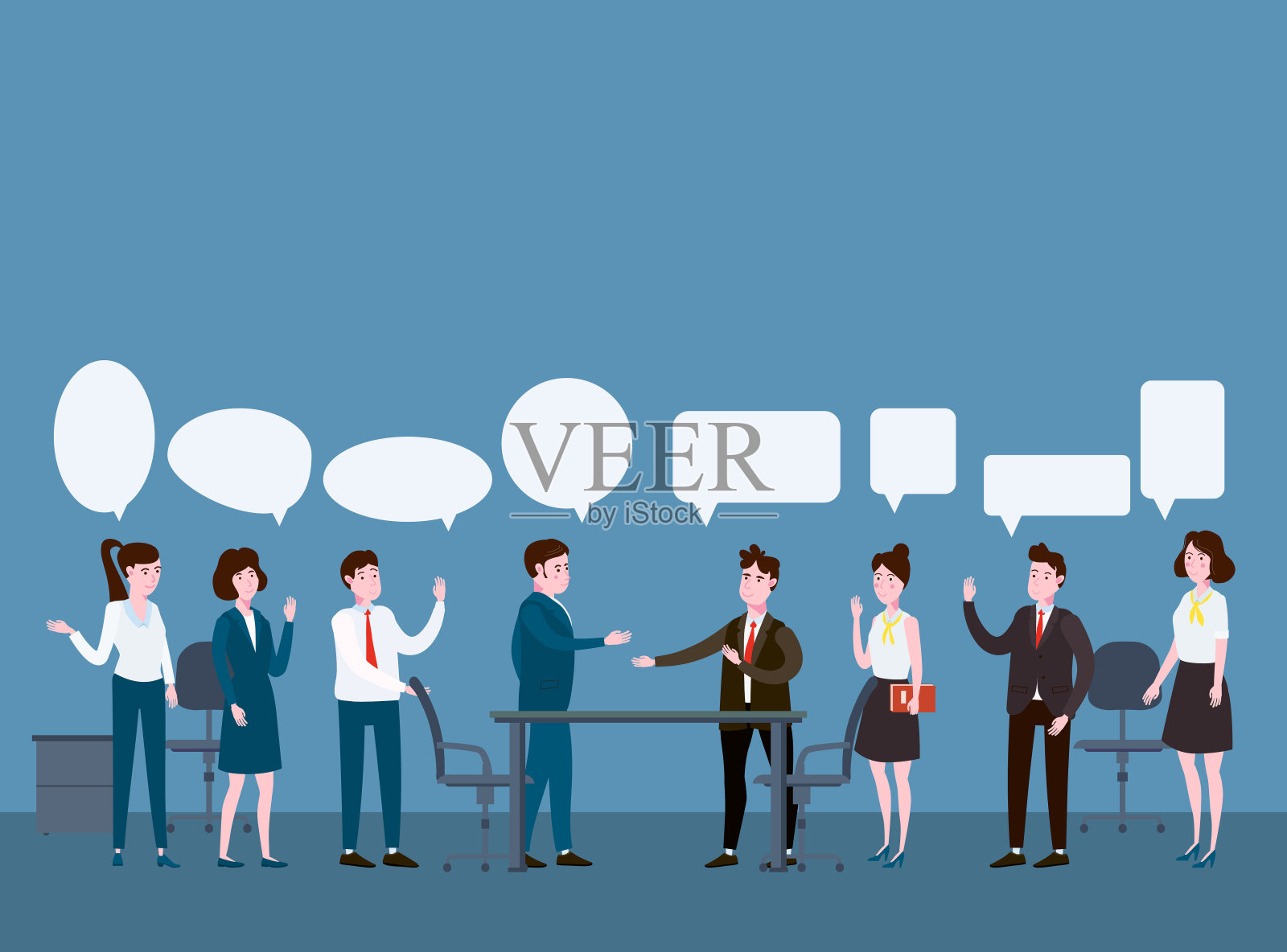 商务人士会面、团队合作或头脑风暴。男人的老板在同事面前侃侃而谈。矢量插图的平面卡通风格设计插画图片素材
