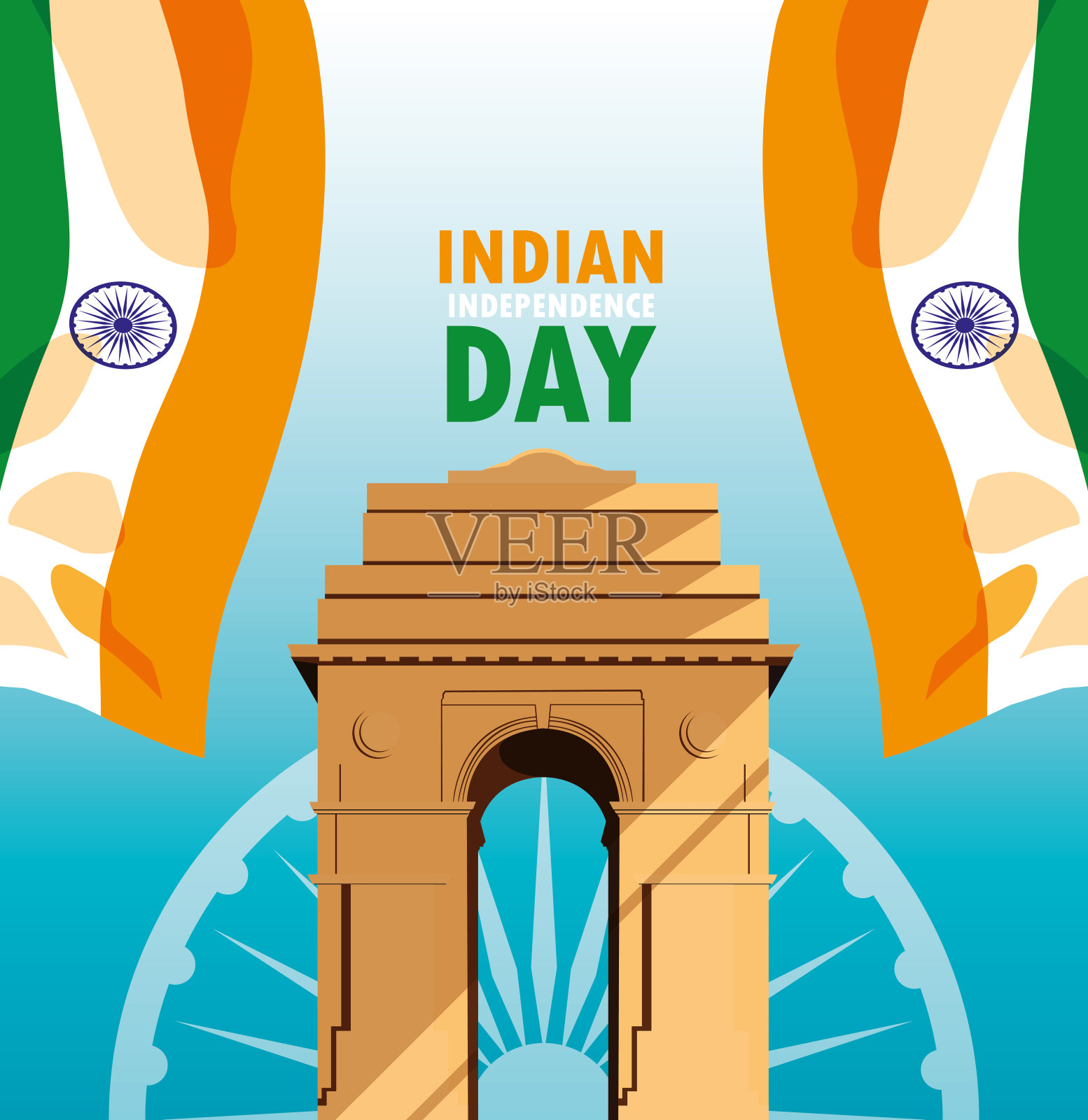 印着国旗和印度门的印度独立日海报插画图片素材