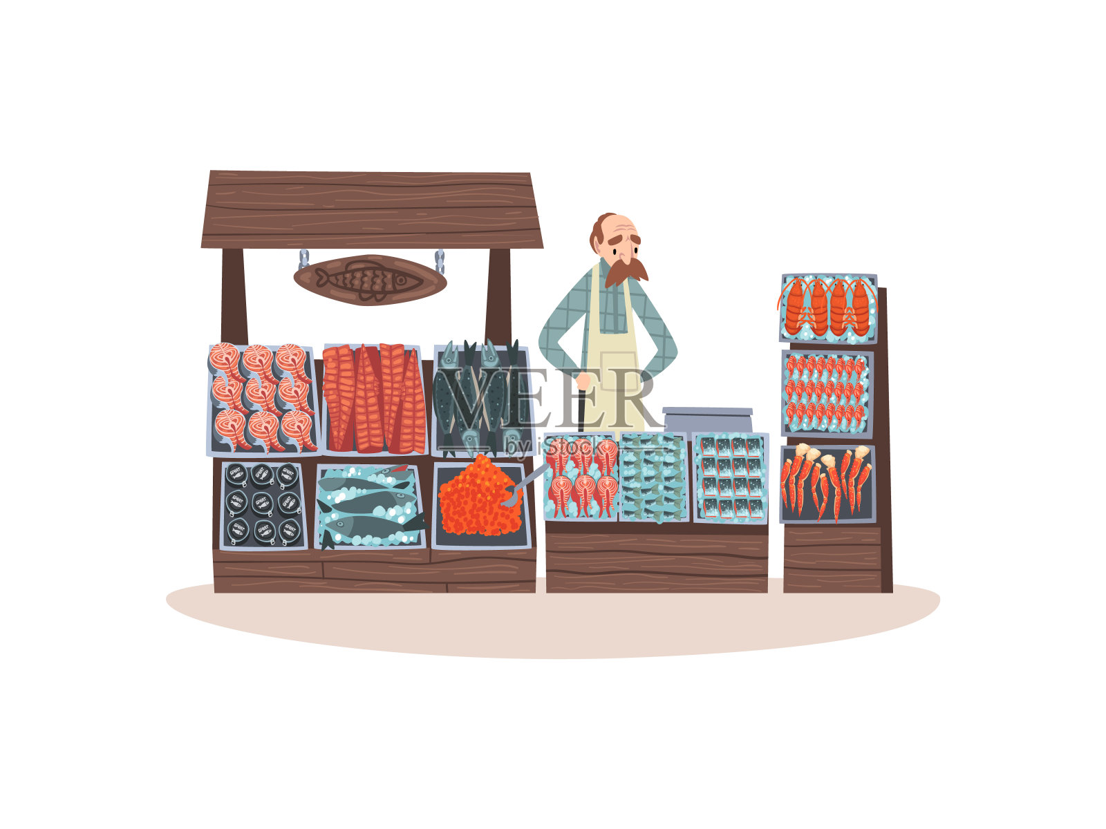 海鲜市场与新鲜的鱼柜台，街道商店与男性卖家矢量插图插画图片素材