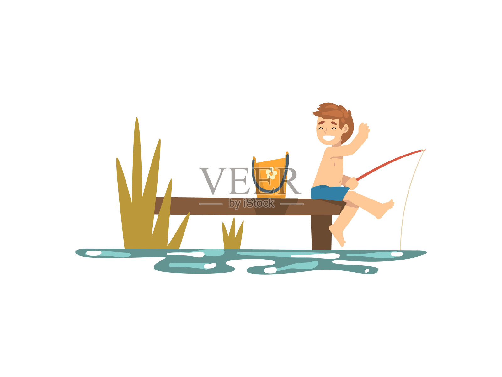 可爱的快乐男孩钓鱼从码头到海或河岸边，渔民卡通人物与鱼竿矢量插图插画图片素材