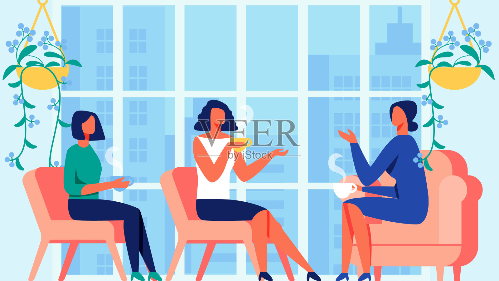 三个女人交流近全景窗口。插画图片素材