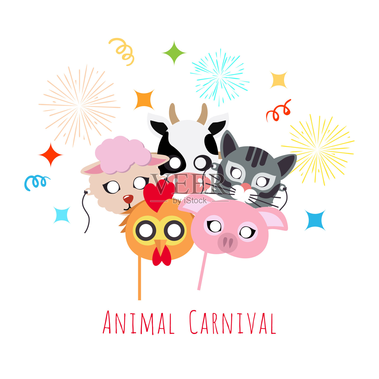 幼稚的动物面具。公鸡，猪，牛，羊，猫。插画图片素材