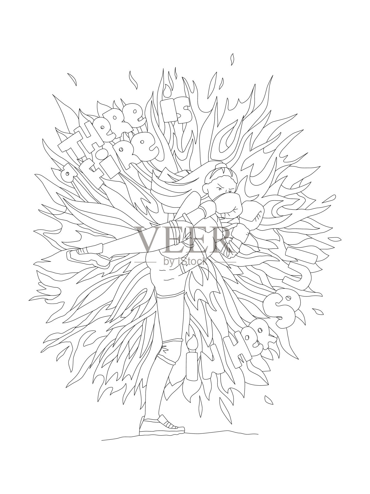 可爱的手画彩色页与勇敢的女孩。女权主义禅宗艺术矢量插图与战斗女孩和文字，她有一个火在她的灵魂着色页。勇敢的战斗女孩涂色页插图插画图片素材